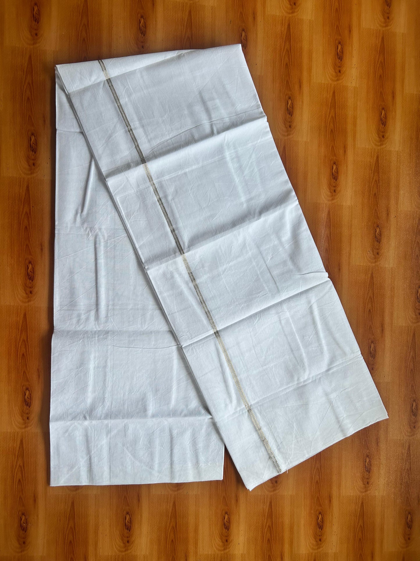 Single Mundu/Dhoti  - Pure White - KaithariKada Balaramapuram 100% Cotton - Twisted 60s Thread - 0.5 cm  Silver Kasav Shaded Striped Kara (2 meter / 4 muzham) - 1 KK5495 GL
