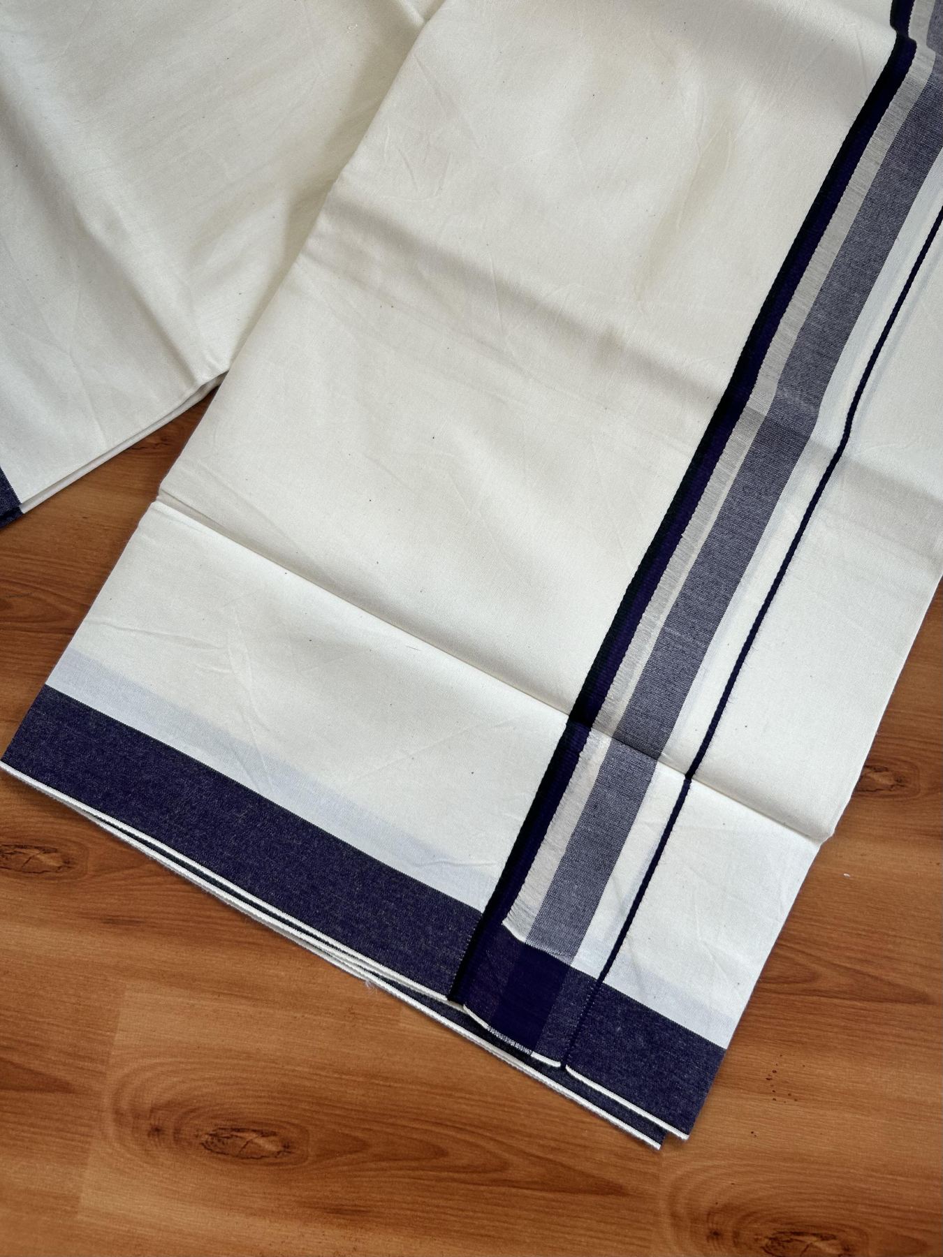Single Mundu/Dhoti - Off White (Unbleached) 29% Discount !! KaithariKada Balaramapuram 100% Cotton Twisted 60s Thread - 1 Inch Silver Kasav & Black & Dark Violet Shaded Kara (2 meter /4 muzham) - 9 KK5393 GL