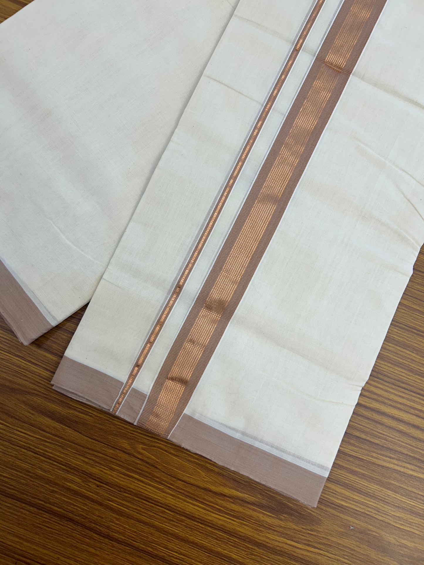 25% Discount ! KaithariKada Handloom Millpaav Balaramapuram - 100% Pure Cotton Off White (Unbleached) Double Mundu/Dothi - 80x90 - 1.5 inch Copper Kasav & Dusty Rose Striped Kara 4 Meters (8.5 Muzham) - 12 KK5328 RAM