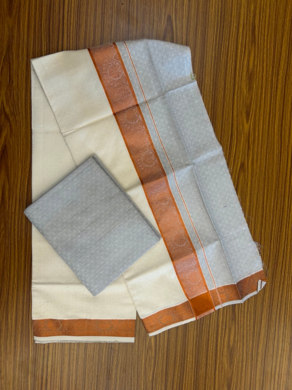 20% DISCOUNT ! KaithariKada Balaramapuram 100% Cotton Single Mundu/Dhoti (60)s - Copper Kasav jacquard Grey Blue & Cream Colour Shirt Material Combo - 8 KK7009 THI