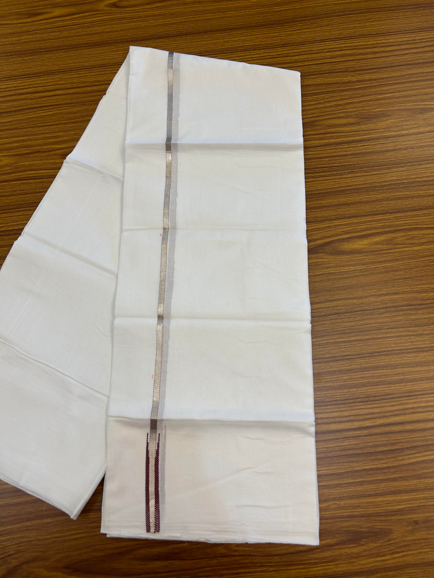 20% Discount! KaithariKada Balaramapuram 100% Cotton Double Pure white Mundu/Dhoti- 100X80 - 0.5 inch Maroon & Silver Kasav Chutty Kara - Between3.80-3.95m (8 muzham) - 34 KK5355 CKS