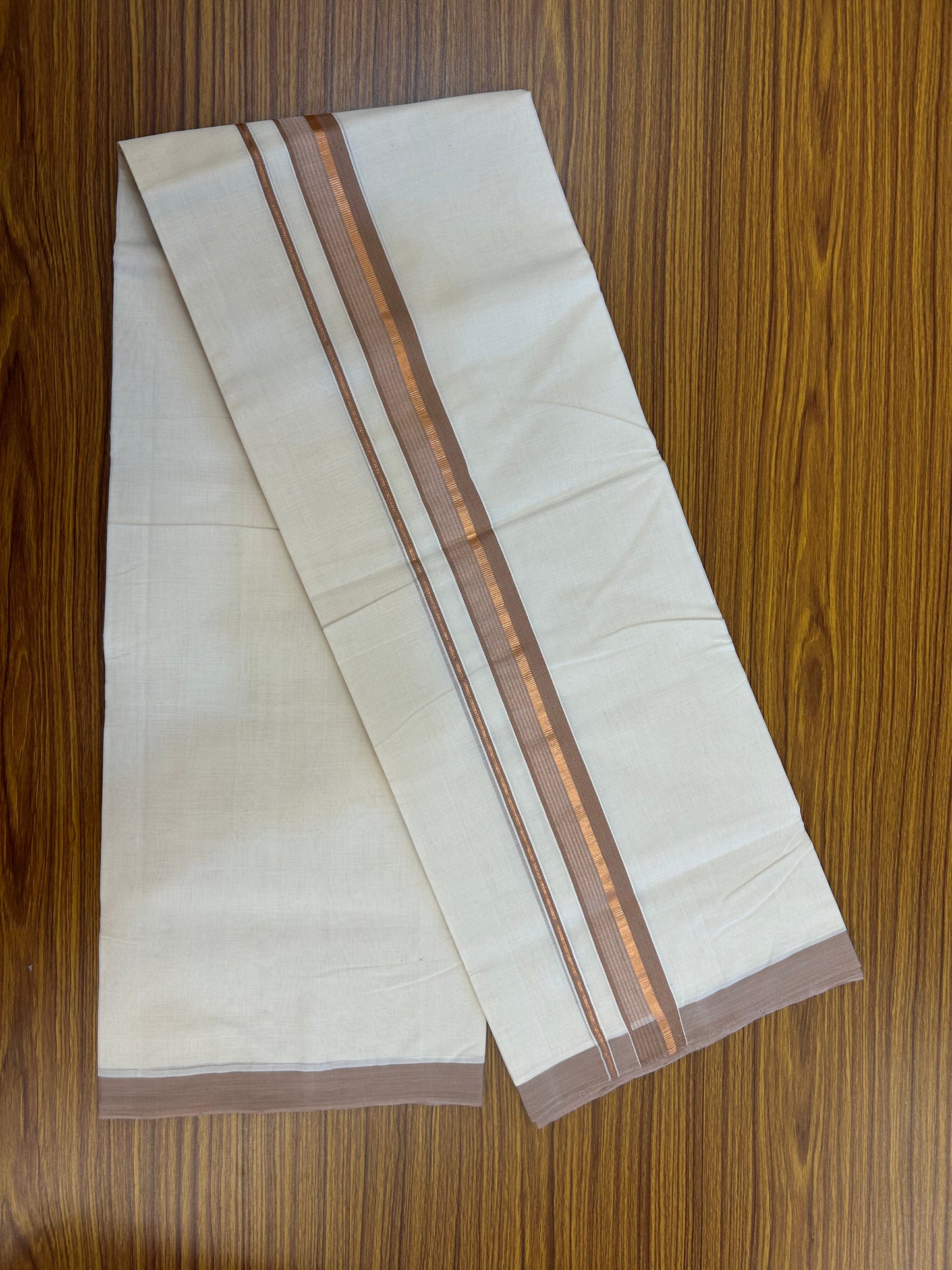 25% Discount ! KaithariKada Handloom Millpaav - Kerala Handloom- 100% Pure Cotton Off White (Unbleached) Double Mundu/Dothi - 80x90 - 1.5 inch Copper Kasav & Dusty Rose Striped Kara 4 Meters (8.5 Muzham) - 13 KK5328 RAM