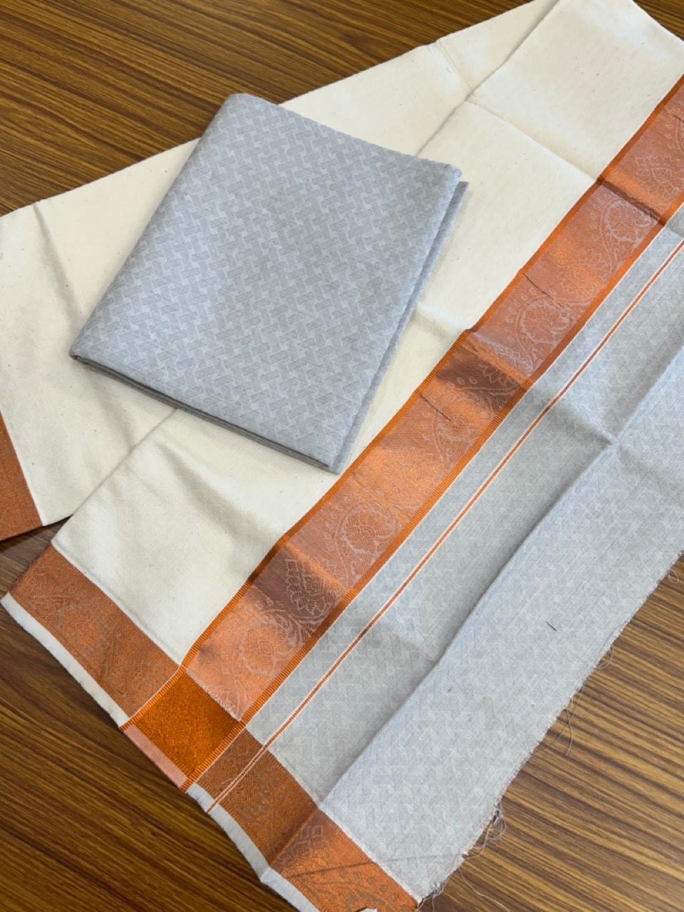20% DISCOUNT ! KaithariKada Balaramapuram 100% Cotton Single Mundu/Dhoti (60)s - Copper Kasav jacquard Grey Blue & Cream Colour Shirt Material Combo - 8 KK7009 THI