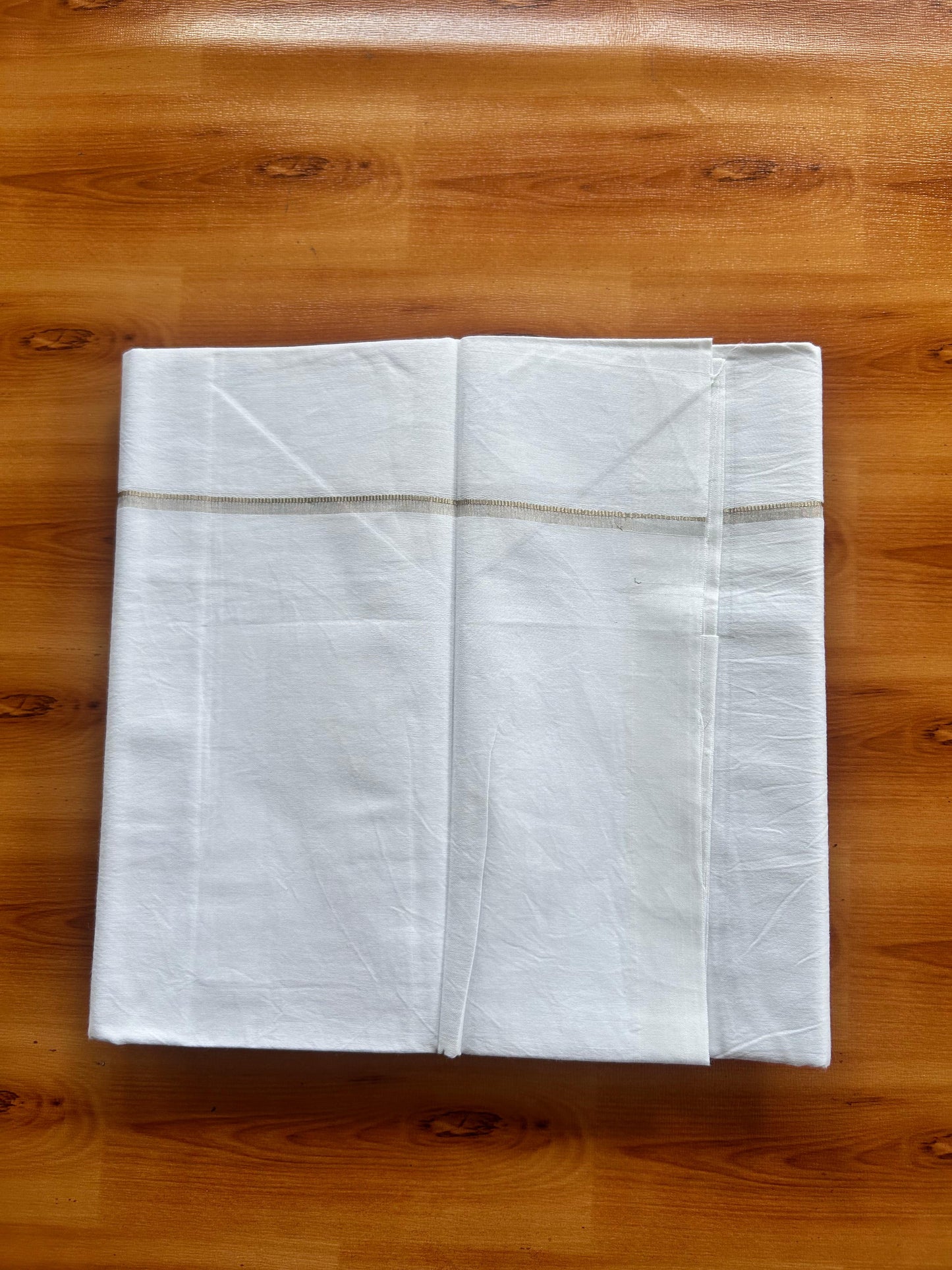 Single Mundu/Dhoti  - Pure White - KaithariKada Balaramapuram 100% Cotton - Twisted 60s Thread - 0.5 cm  Silver Kasav Shaded Kara (2 meter / 4 muzham) - 2 KK5495 GL