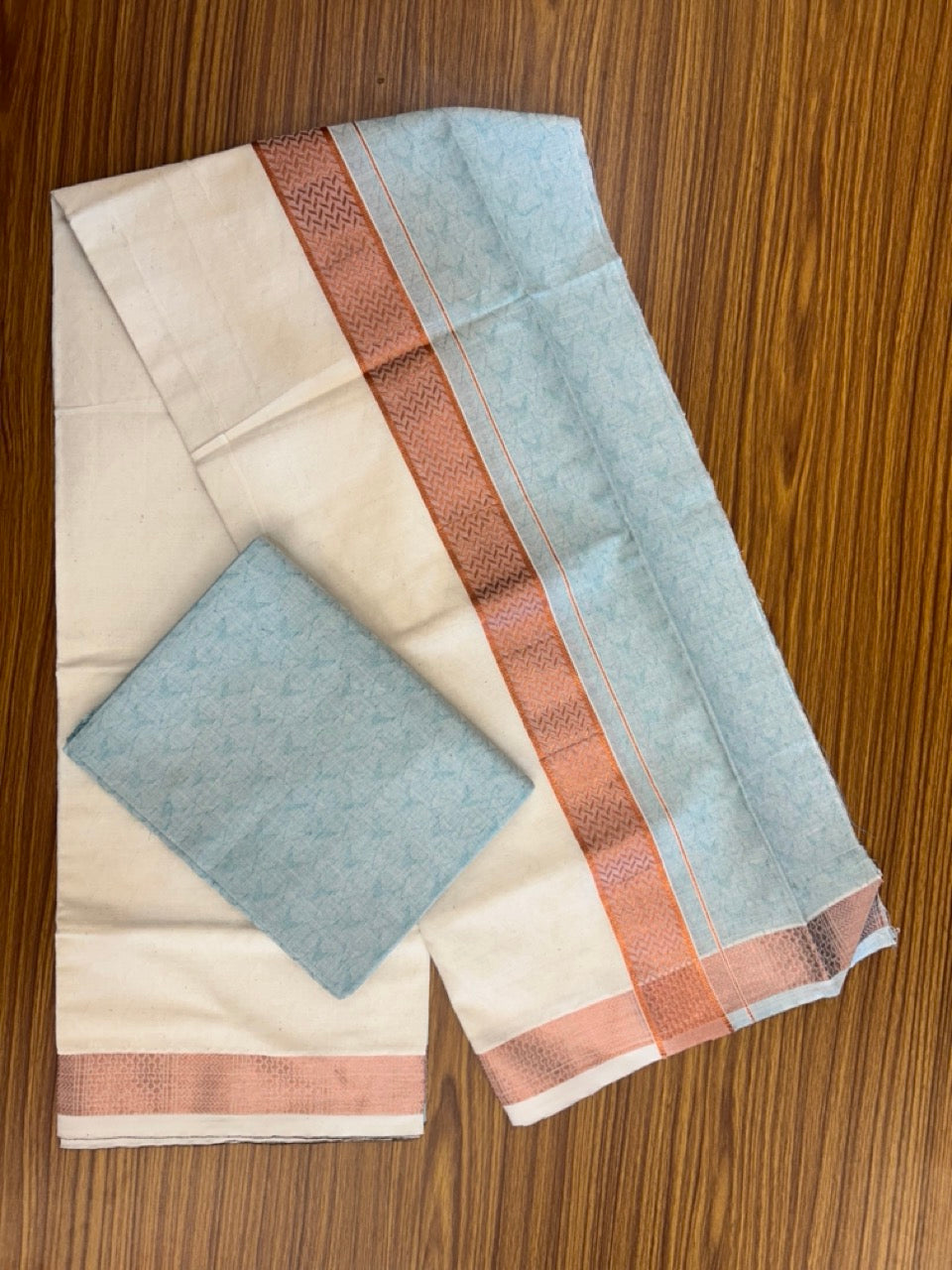 20% DISCOUNT ! KaithariKada Balaramapuram 100% Cotton Single Mundu/Dhoti (60)s - Copper Kasav jacquard Light Sea Green & Cream Colour Shirt Material Combo - 9 KK7009 THI