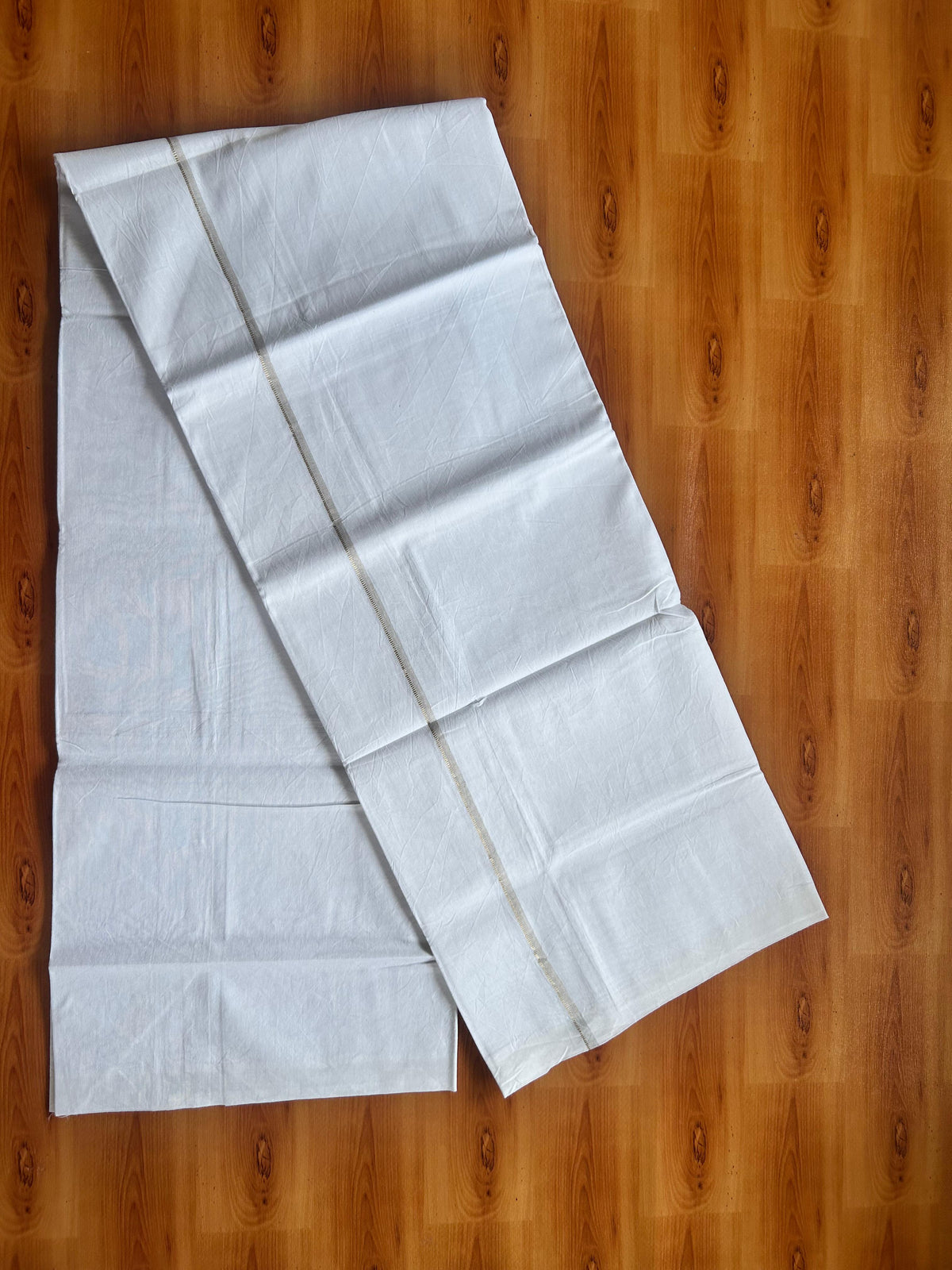 Single Mundu/Dhoti  - Pure White - KaithariKada Balaramapuram 100% Cotton - Twisted 60s Thread - 0.5 cm  Silver Kasav Shaded Kara (2 meter / 4 muzham) - 2 KK5495 GL