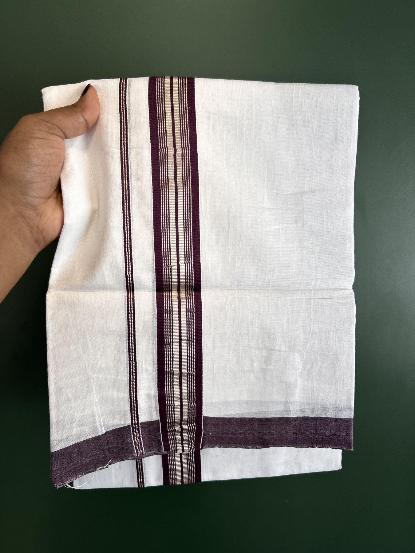 Double Pure White Mundu/Dhoti - 20% Discount !! KaithariKada Balaramapuram 100% Cotton - 60s - 1.25 Inch Dark Wine Shaded Silver Kasav Striped Kara - 3.85 mtr ( 8 muzham) - 13 KK5425 PMC