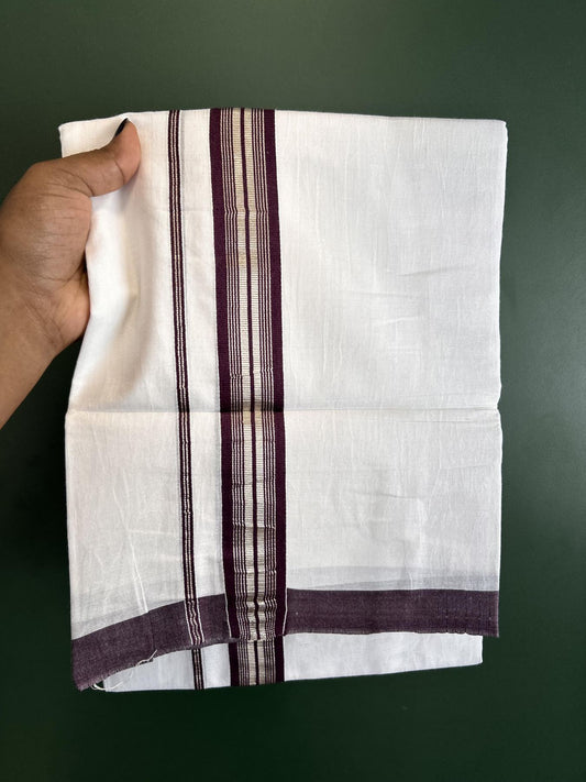 Double Pure White Mundu/Dhoti - 20% Discount !! KaithariKada Balaramapuram 100% Cotton - 60s - 1.25 Inch Dark Wine Shaded Silver Kasav Striped Kara - 3.85 mtr ( 8 muzham) - 13 KK5425 PMC