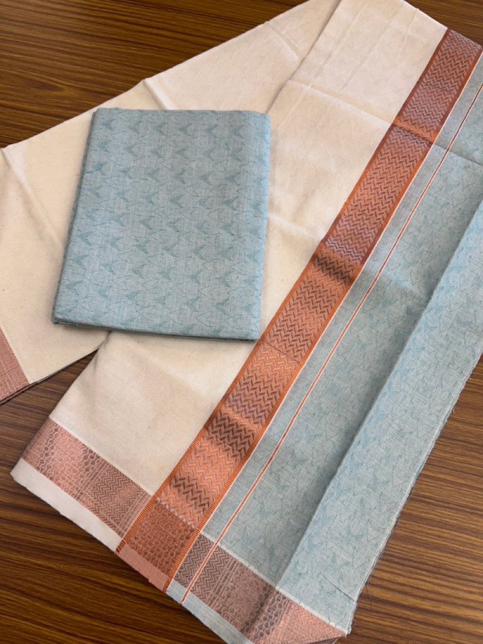 20% DISCOUNT ! KaithariKada Balaramapuram 100% Cotton Single Mundu/Dhoti (60)s - Copper Kasav jacquard Light Sea Green & Cream Colour Shirt Material Combo - 9 KK7009 THI