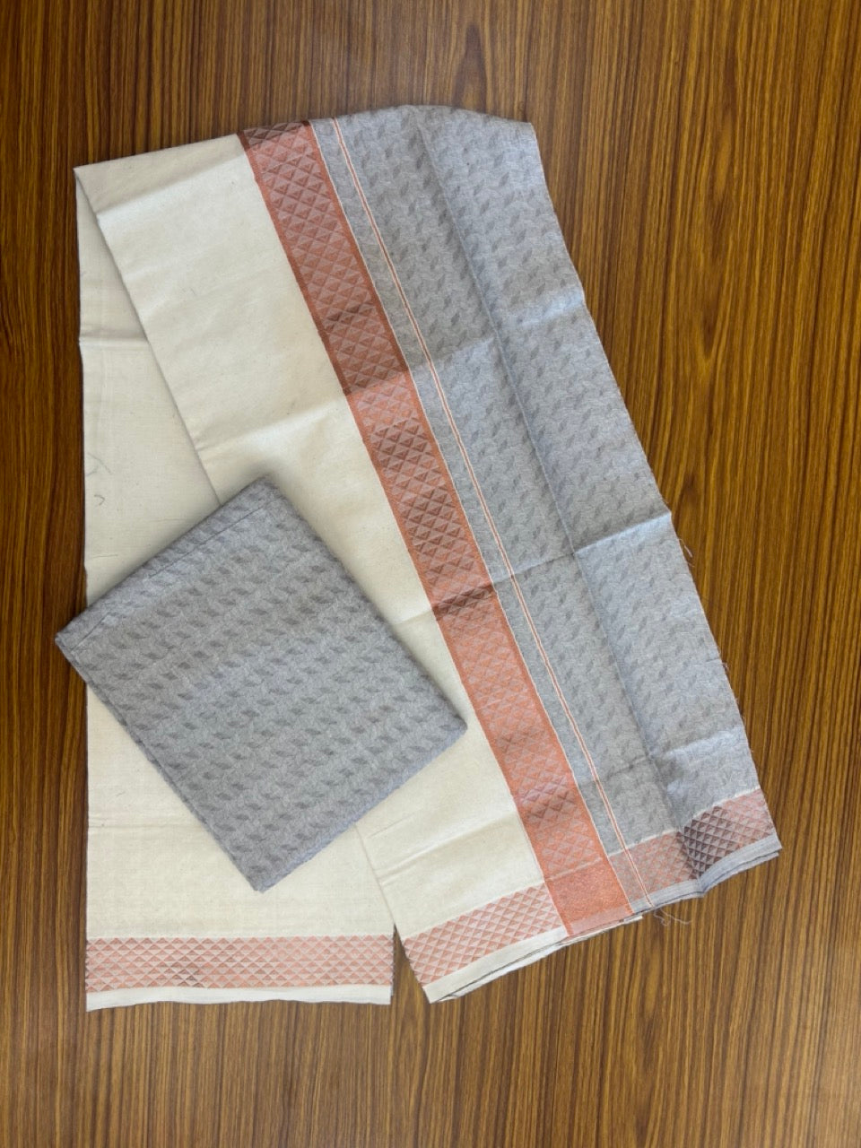 20% DISCOUNT ! KaithariKada Balaramapuram 100% Cotton - (60)s - Single Off white Mundu/Dhoti & Shirt Material Combo - 2 inch Copper Kasavu jacquard Kara with Dark Brown shaded shirt material   - 10 KK7009 THI