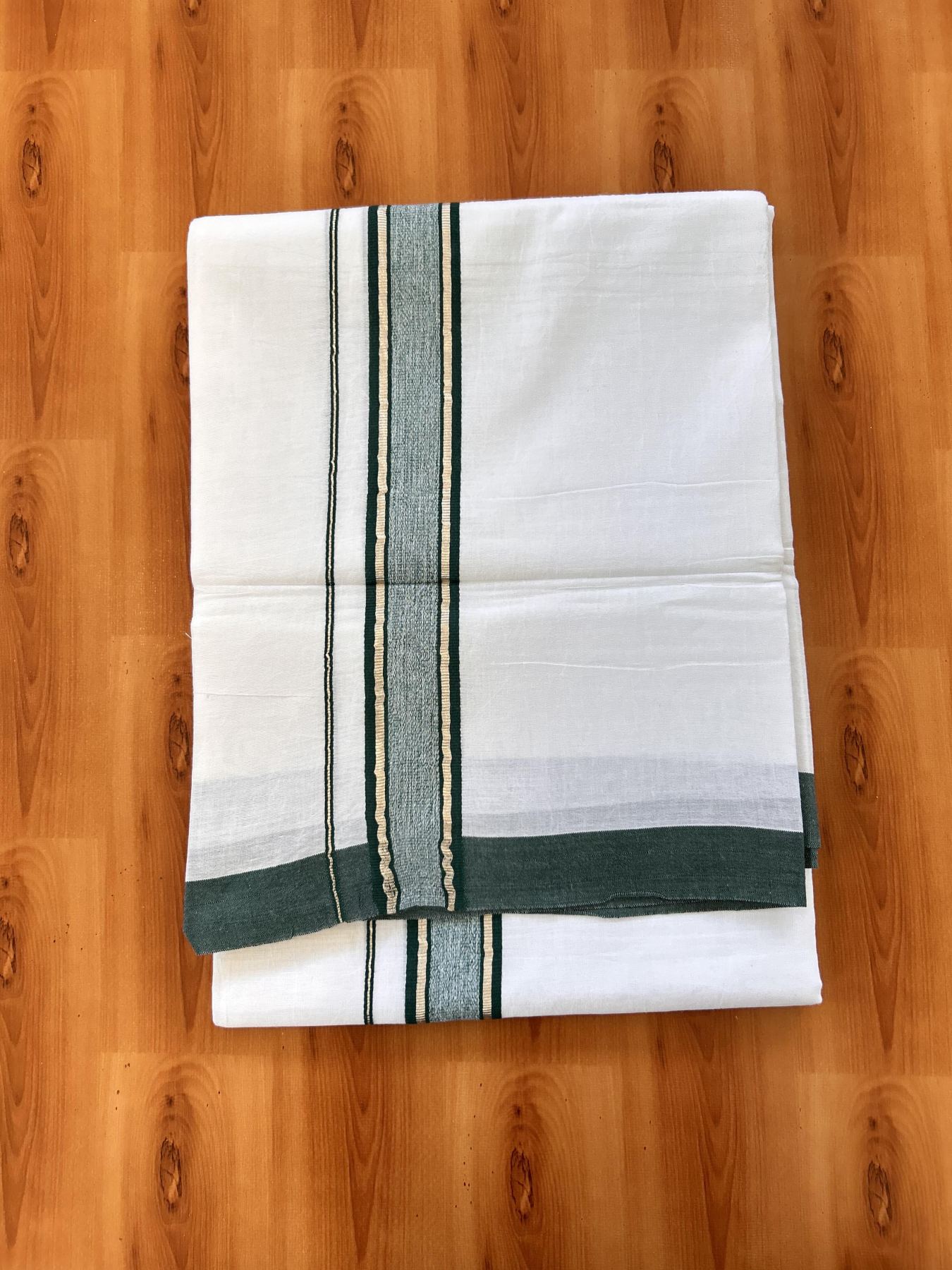 Double Pure White Mundu/Dhoti - 20% Discount !! KaithariKada Balaramapuram 100% Cotton - 60s - 1.5 Inch Dark Green Shaded Silver Kasav Striped Kara - 3.85 mtr ( 8 muzham) - 14 KK5425 PMC