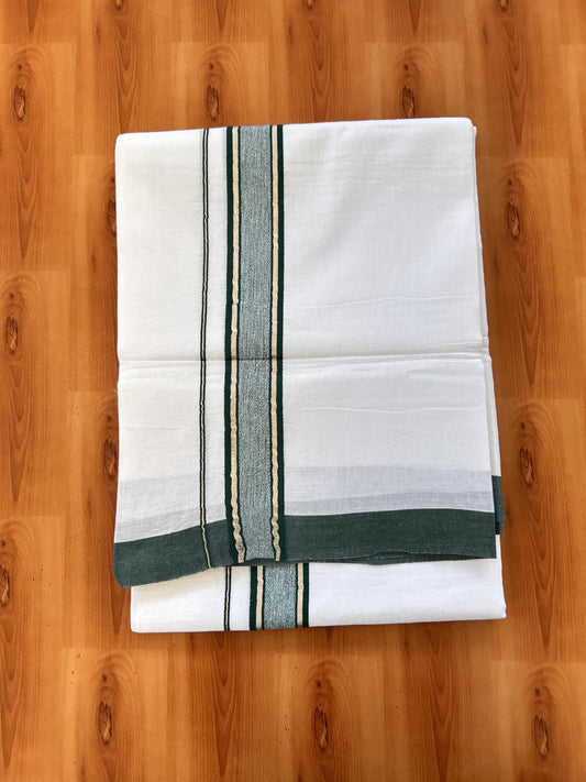 Double Pure White Mundu/Dhoti - 20% Discount !! KaithariKada Balaramapuram 100% Cotton - 60s - 1.5 Inch Dark Green Shaded Silver Kasav Striped Kara - 3.85 mtr ( 8 muzham) - 14 KK5425 PMC
