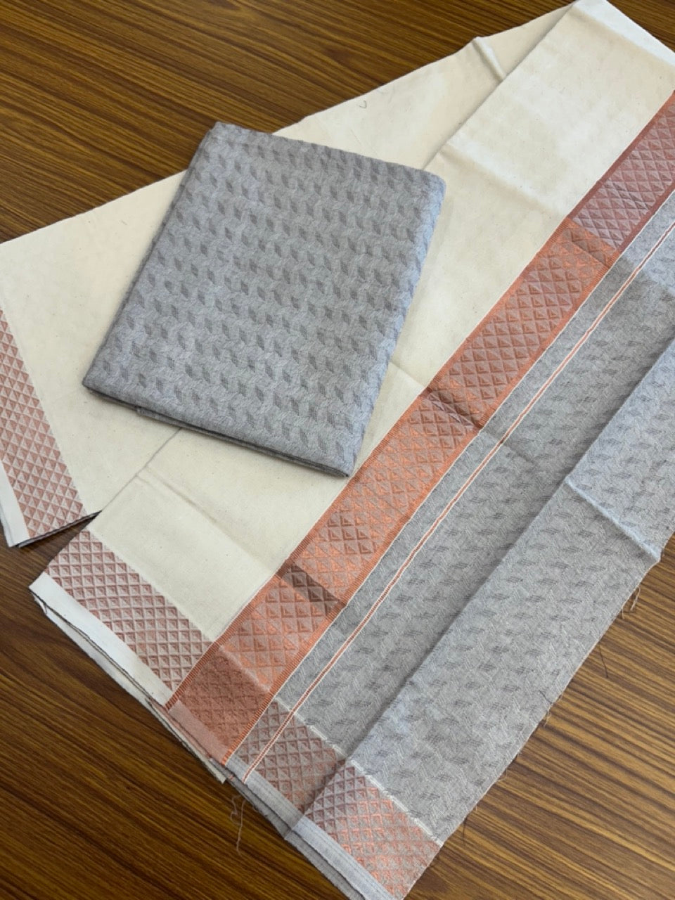 20% DISCOUNT ! KaithariKada Balaramapuram 100% Cotton - (60)s - Single Off white Mundu/Dhoti & Shirt Material Combo - 2 inch Copper Kasavu jacquard Kara with Dark Brown shaded shirt material   - 10 KK7009 THI