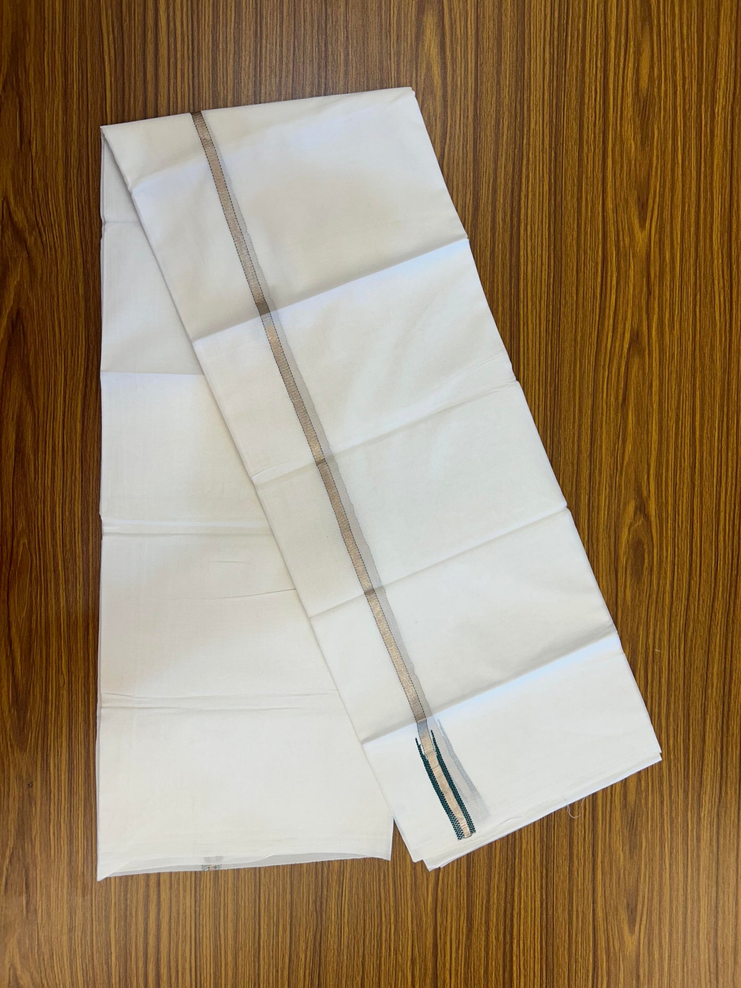 20% Discount! KaithariKada Balaramapuram 100% Cotton Double Pure white Mundu/Dhoti- 100X80 - 0.5 inch Dark Green & Silver Kasav Chutty Kara - Between3.80-3.95m (8 muzham) - 31 KK5355 CKS