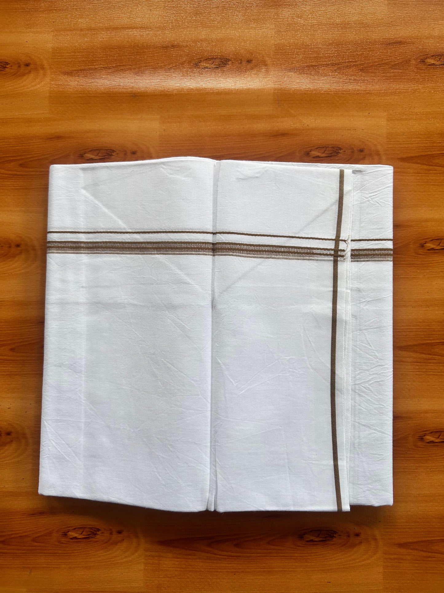 Single Mundu/Dhoti  - Pure White - KaithariKada Balaramapuram 100% Cotton - Twisted 60s Thread - 1 cm  Silver Kasav & Walnut Brown Shaded Striped Kara (2 meter / 4 muzham) - 3 KK5495 GL