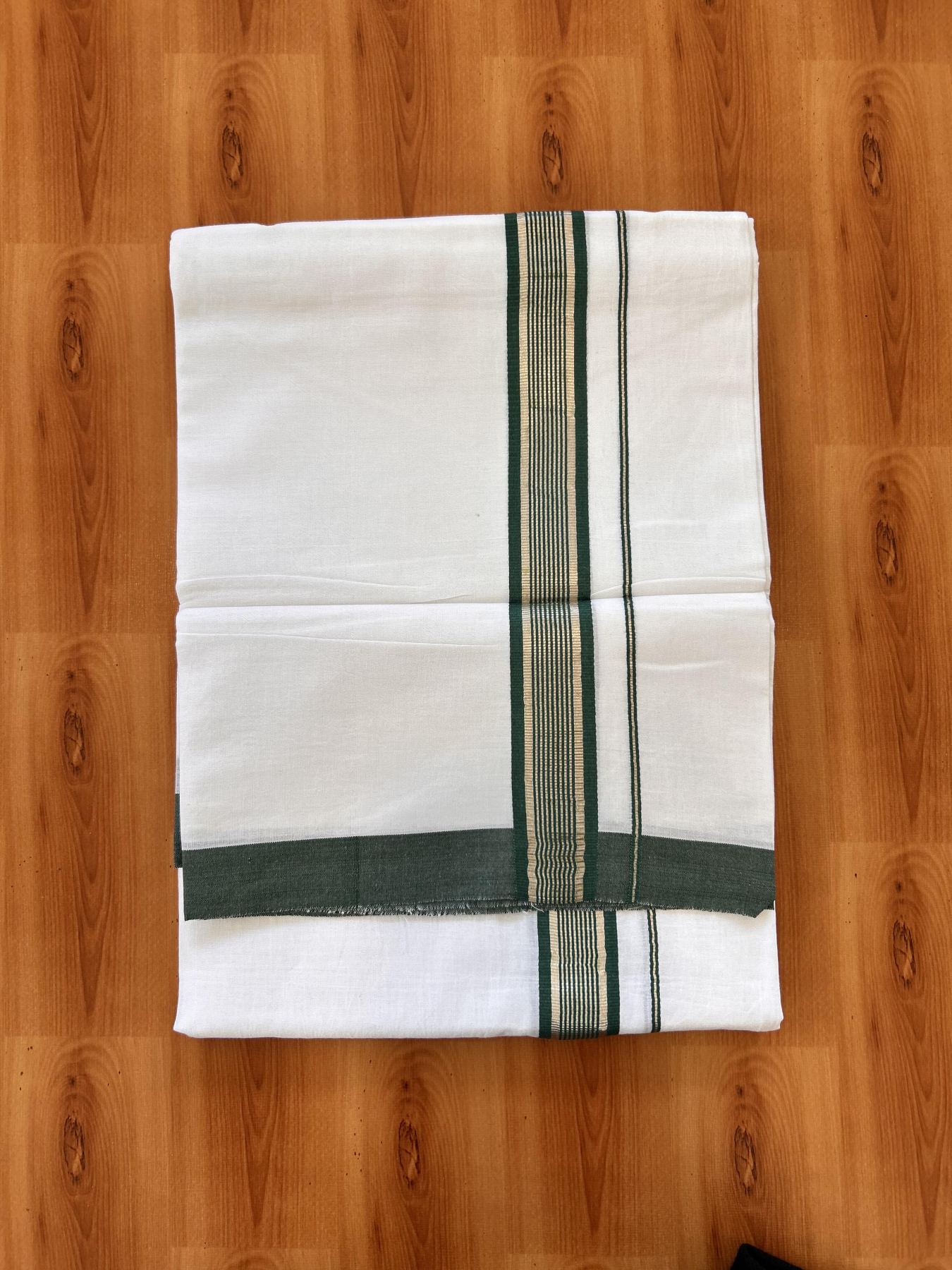 Double Pure White Mundu/Dhoti - 20% Discount !! KaithariKada Balaramapuram 100% Cotton - 60s - 1.25 Inch Dark Green Shaded Silver Kasav Striped Kara - 3.85 mtr ( 8 muzham) - 15 KK5425 PMC