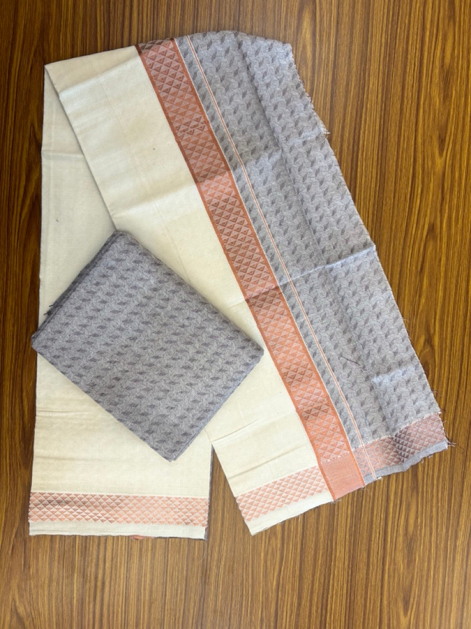 20% DISCOUNT ! KaithariKada Balaramapuram 100% Cotton - (60)s - Single Off white Mundu/Dhoti & Shirt Material Combo - 2 inch Copper Kasavu jacquard Kara with Wine Purple shaded shirt material   - 11 KK7009 THI