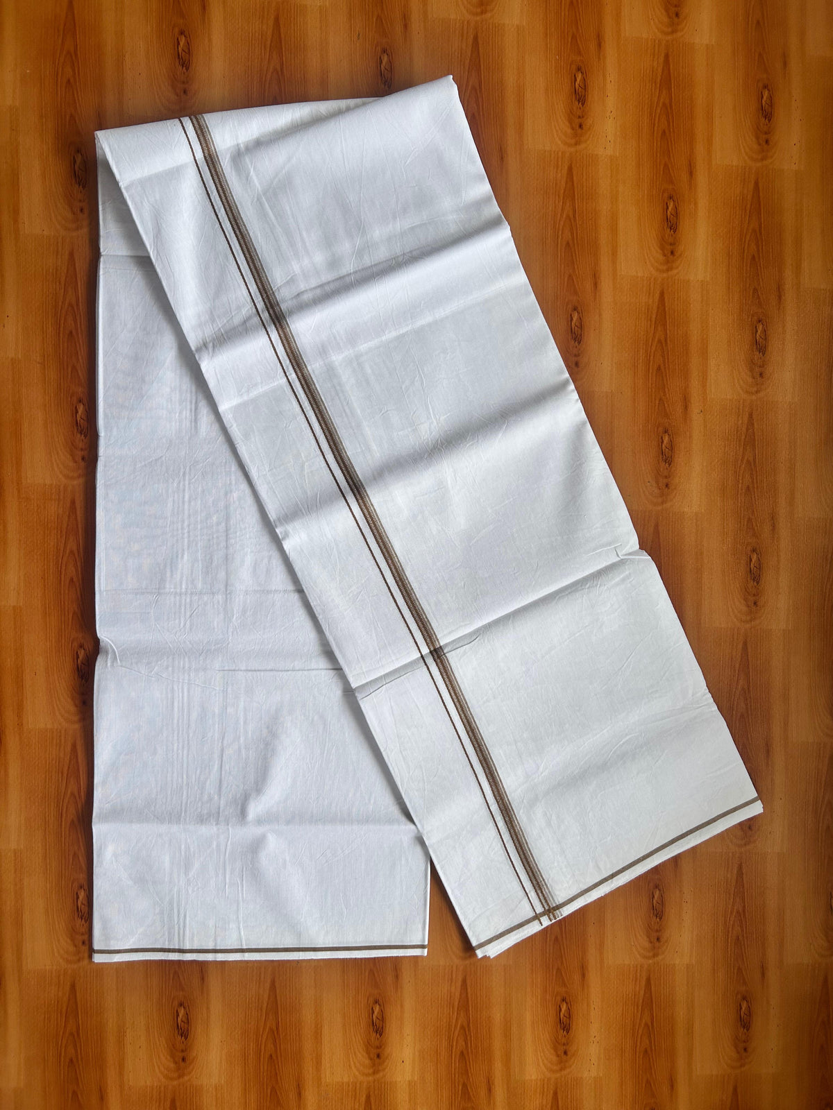 Single Mundu/Dhoti  - Pure White - KaithariKada Balaramapuram 100% Cotton - Twisted 60s Thread - 1 cm  Silver Kasav & Walnut Brown Shaded Striped Kara (2 meter / 4 muzham) - 3 KK5495 GL