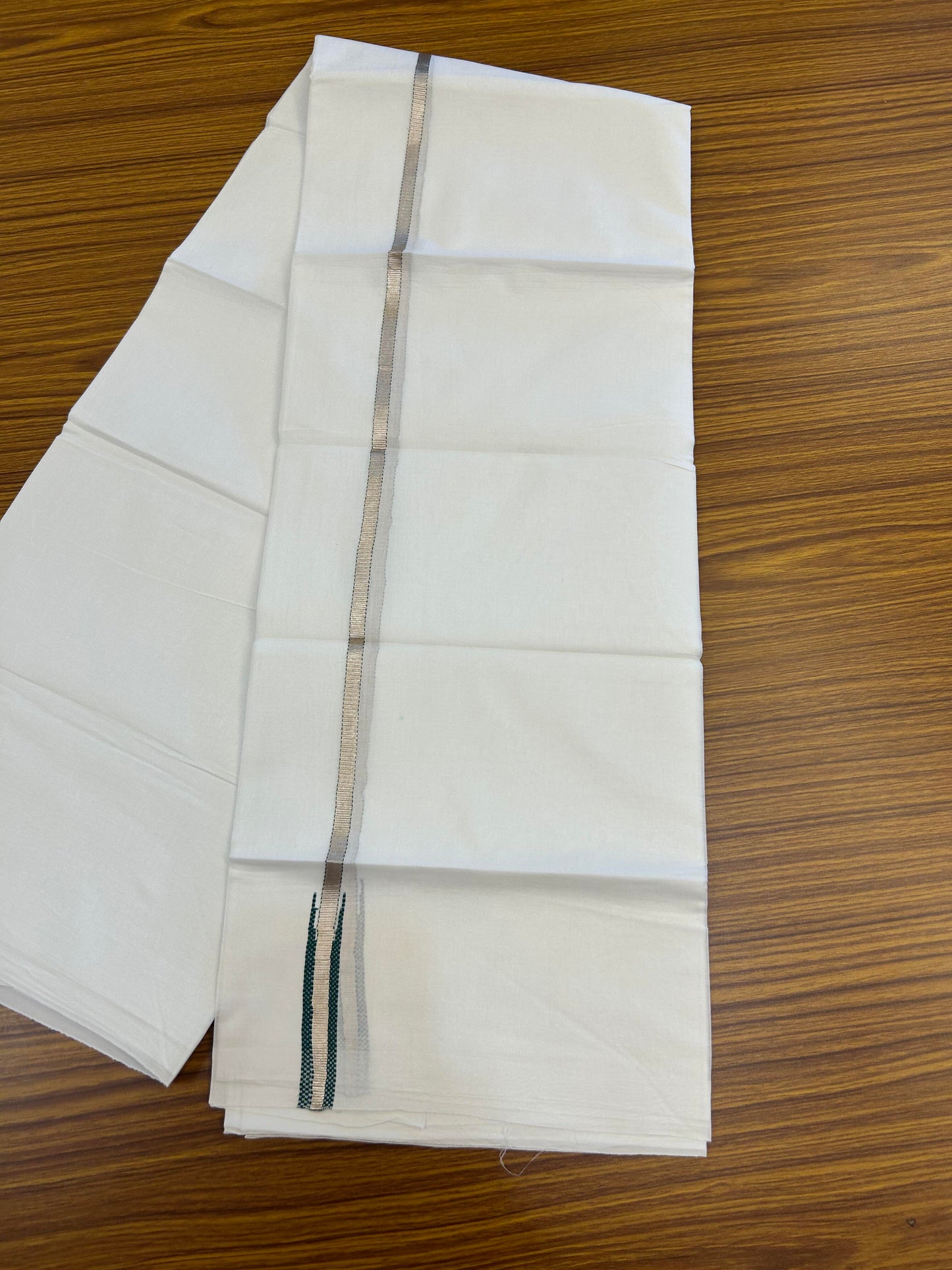 20% Discount! KaithariKada Balaramapuram 100% Cotton Double Pure white Mundu/Dhoti- 100X80 - 0.5 inch Dark Green & Silver Kasav Chutty Kara - Between3.80-3.95m (8 muzham) - 31 KK5355 CKS