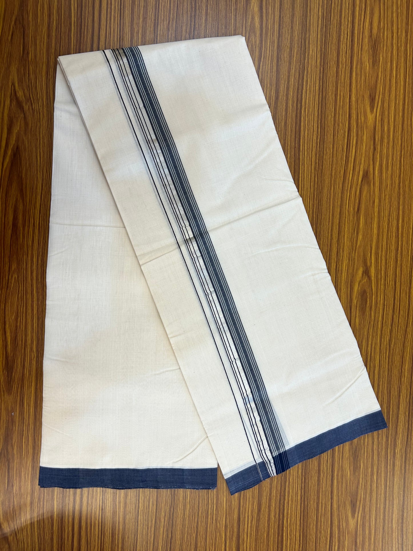 25% Discount ! KaithariKada Handloom Millpaav - Kerala Handloom - 100% Pure Cotton Off White (Unbleached) Double Mundu/Dothi - 80x90 - 1.5 inch Silver Kasav & Navy Blue Shaded Striped Kara 4 Mtr (8.5 Muzham) - 22 KK5328 RAM