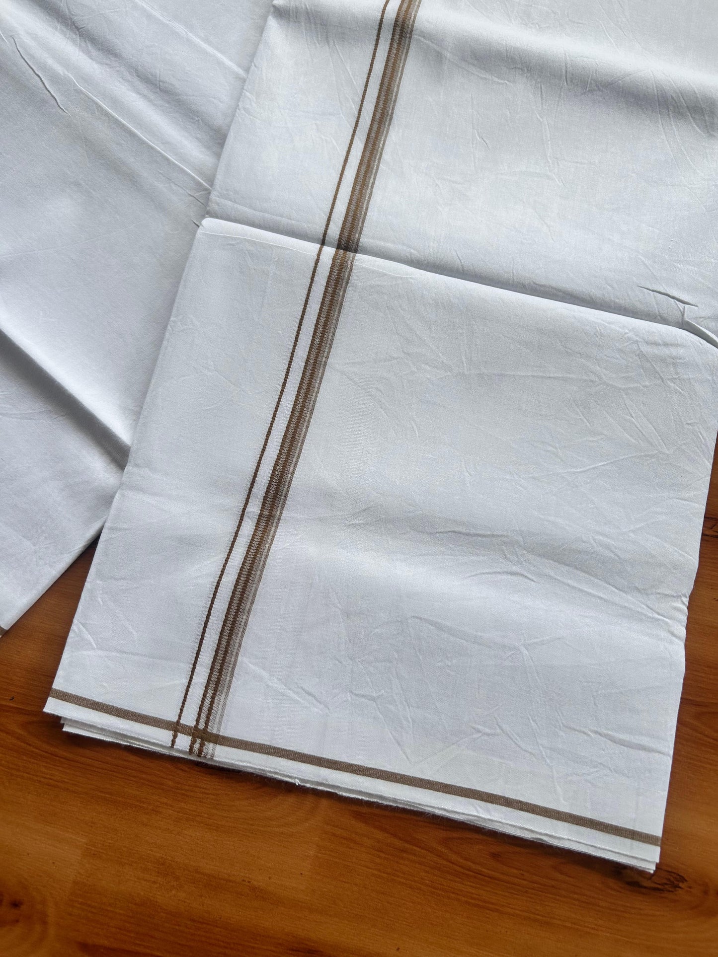 Single Mundu/Dhoti  - Pure White - KaithariKada Balaramapuram 100% Cotton - Twisted 60s Thread - 1 cm  Silver Kasav & Walnut Brown Shaded Striped Kara (2 meter / 4 muzham) - 3 KK5495 GL