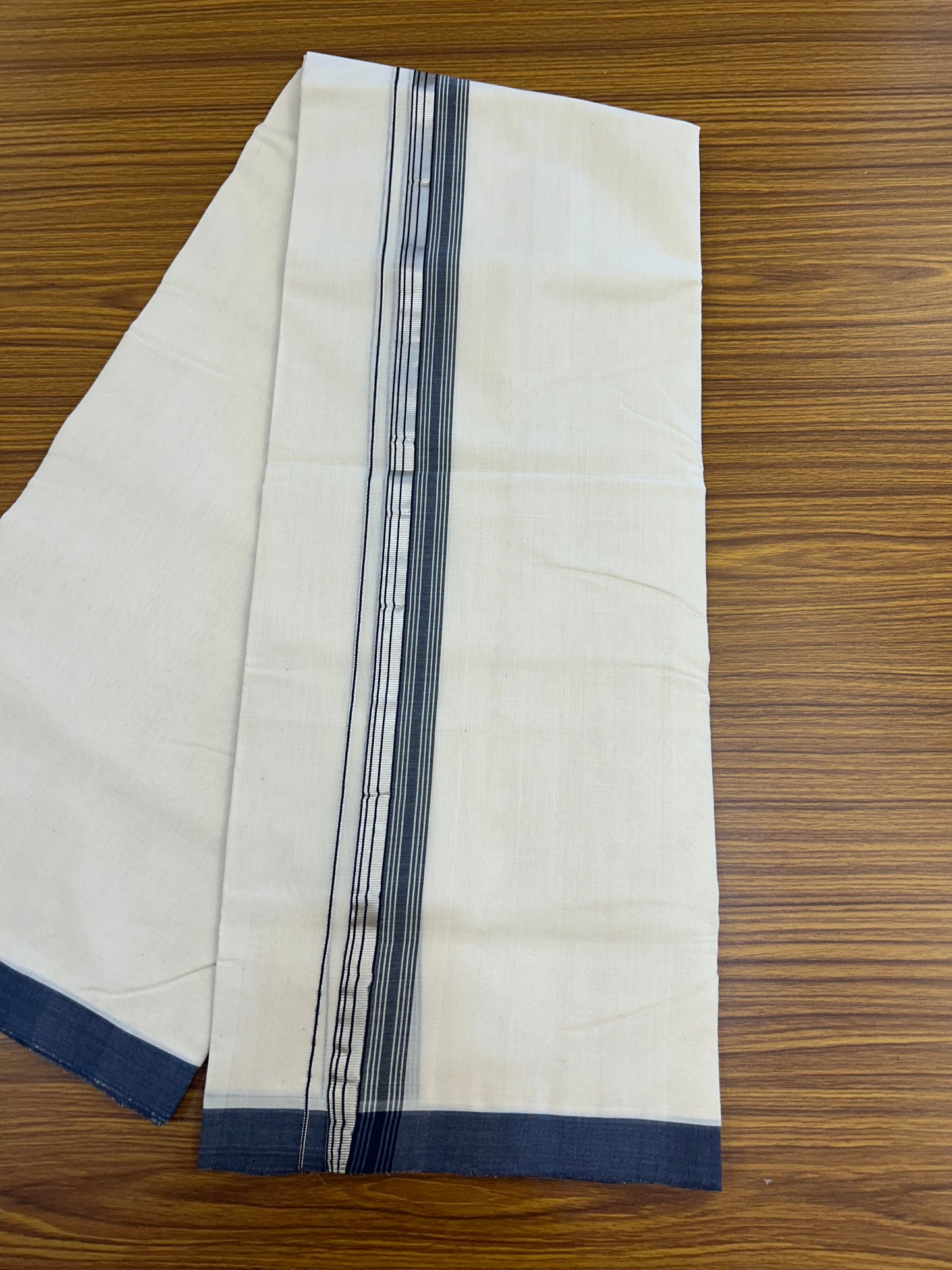 25% Discount ! KaithariKada Handloom Millpaav - Kerala Handloom - 100% Pure Cotton Off White (Unbleached) Double Mundu/Dothi - 80x90 - 1.5 inch Silver Kasav & Navy Blue Shaded Striped Kara 4 Mtr (8.5 Muzham) - 22 KK5328 RAM