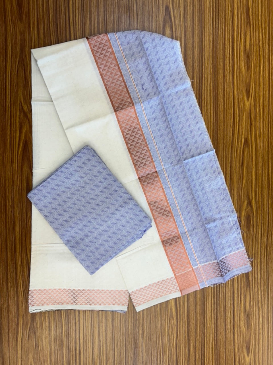 20% DISCOUNT ! KaithariKada Balaramapuram 100% Cotton - (60)s - Single Off white Mundu/Dhoti & Shirt Material Combo - 2 inch Copper Kasavu jacquard Kara with Violet shaded shirt material   - 12 KK7009 THI