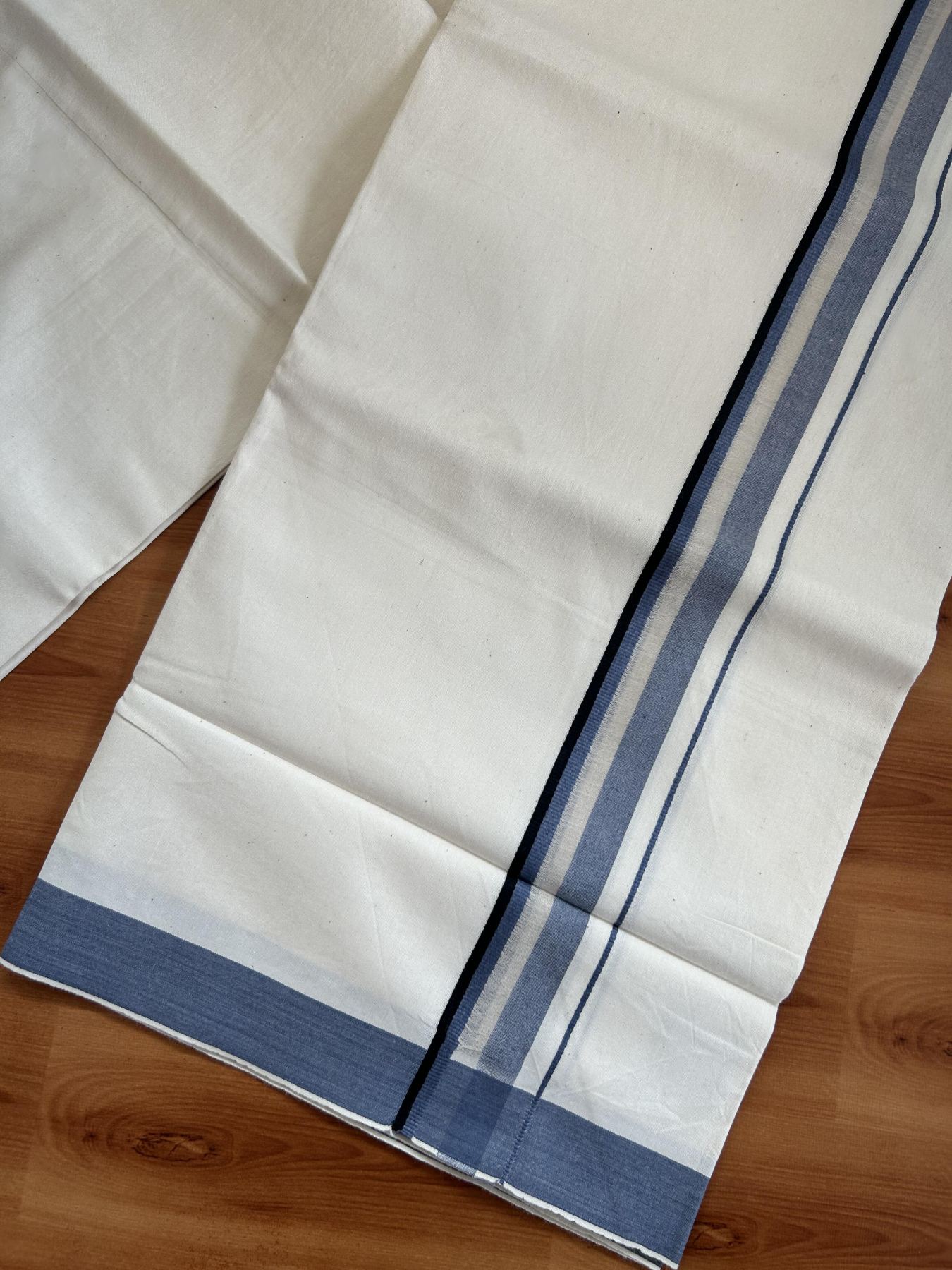 Single Mundu/Dhoti - Off White (Unbleached) 29% Discount !! KaithariKada Balaramapuram 100% Cotton Twisted 60s Thread - 1 Inch Silver Kasav & Black & Greyish Blue Shaded Kara (2 meter /4 muzham) - 4 KK5393 GL
