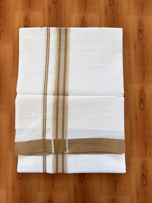 Double Pure White Mundu/Dhoti - 20% Discount !! KaithariKada Balaramapuram 100% Cotton - 60s - 1.25 Inch Golden Brown Shaded Silver Kasav Striped Kara - 3.85 mtr ( 8 muzham) - 16 KK5425 PMC