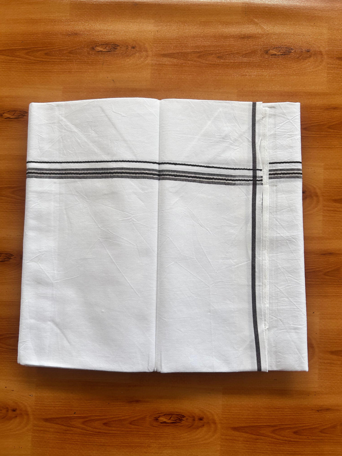 Single Mundu/Dhoti  - Pure White - KaithariKada Balaramapuram 100% Cotton - Twisted 60s Thread - 1 cm  Silver Kasav & Dark Brown Shaded Striped Kara (2 meter / 4 muzham) - 4 KK5495 GL