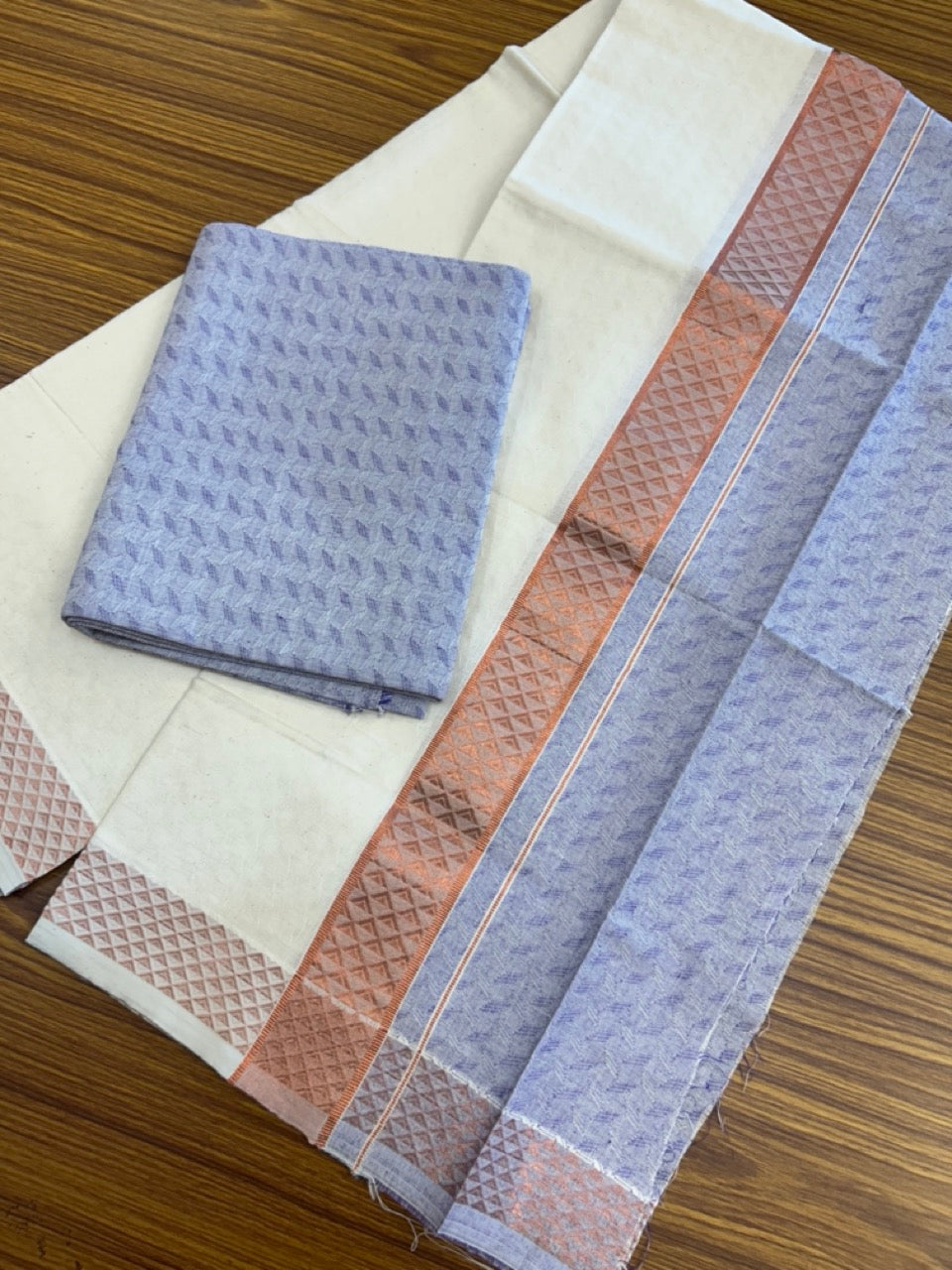 20% DISCOUNT ! KaithariKada Balaramapuram 100% Cotton - (60)s - Single Off white Mundu/Dhoti & Shirt Material Combo - 2 inch Copper Kasavu jacquard Kara with Violet shaded shirt material   - 12 KK7009 THI