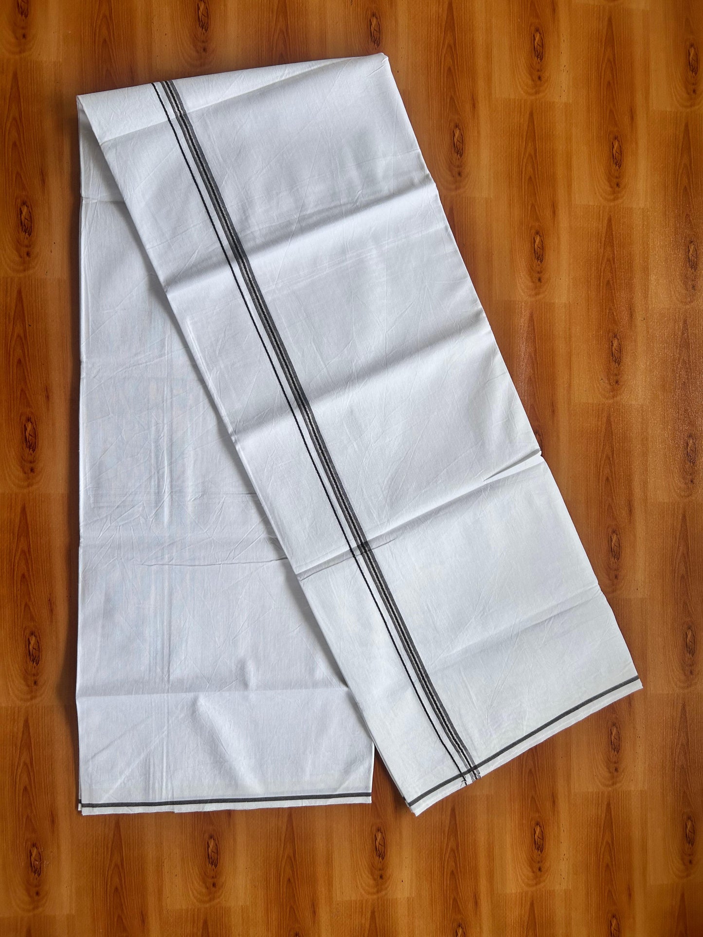 Single Mundu/Dhoti  - Pure White - KaithariKada Balaramapuram 100% Cotton - Twisted 60s Thread - 1 cm  Silver Kasav & Dark Brown Shaded Striped Kara (2 meter / 4 muzham) - 4 KK5495 GL
