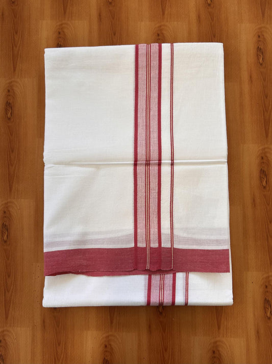 Double Pure White Mundu/Dhoti - 20% Discount !! KaithariKada Balaramapuram 100% Cotton - 60s - 1.25 Inch Crimson Red Shaded Silver Kasav Striped Kara - 3.85 mtr ( 8 muzham) - 17 KK5425 PMC