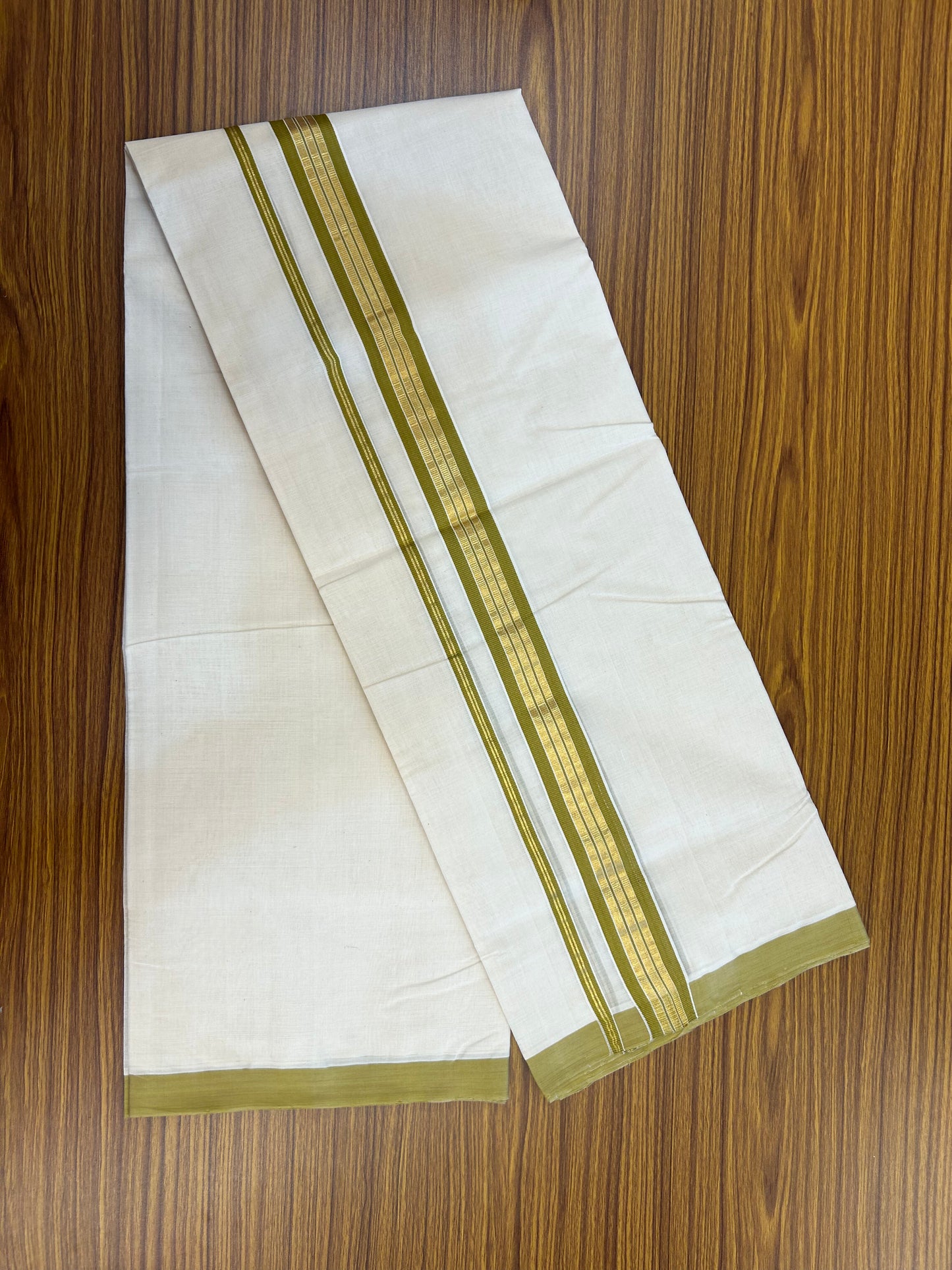 25% Discount ! KaithariKada Handloom Millpaav - Kerala Handloom - 100% Pure Cotton Off White (Unbleached) Double Mundu/Dothi - 80x90 - 1.5 inch Gold Kasav & Olive Brown Striped Kara 4 Mtr (8.5 Muzham) - 23 KK5328 RAM