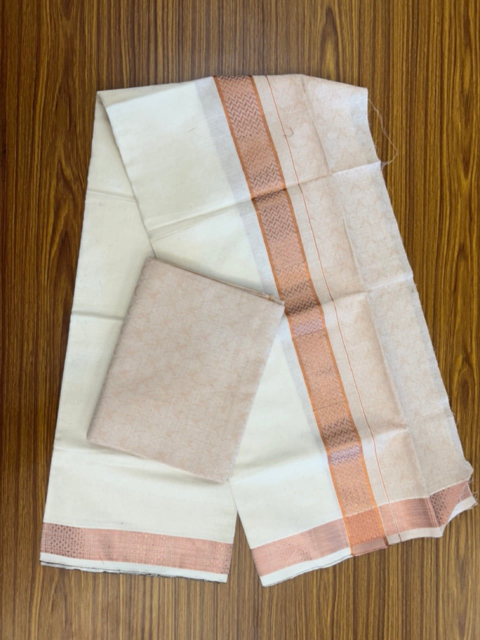 20% DISCOUNT ! KaithariKada Balaramapuram 100% Cotton - (60)s - Single Off white Mundu/Dhoti & Shirt Material Combo - 2 inch Copper Kasavu jacquard Kara with Sand Brown shaded shirt material   - 13 KK7009 THI