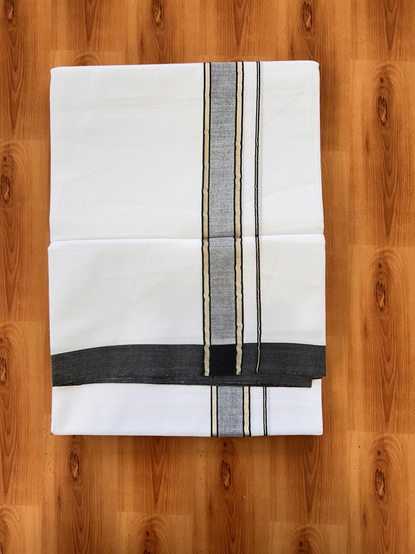 Double Pure White Mundu/Dhoti - 20% Discount !! KaithariKada Balaramapuram 100% Cotton - 60s - 1.25 Inch Black Shaded Silver Kasav Striped Kara - 3.85 mtr ( 8 muzham) - 18 KK5425 PMC