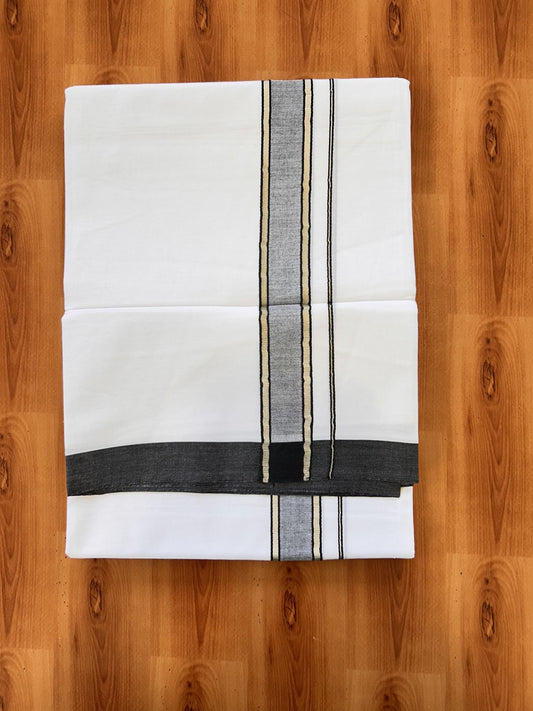 Double Pure White Mundu/Dhoti - 20% Discount !! KaithariKada Balaramapuram 100% Cotton - 60s - 1.25 Inch Black Shaded Silver Kasav Striped Kara - 3.85 mtr ( 8 muzham) - 18 KK5425 PMC