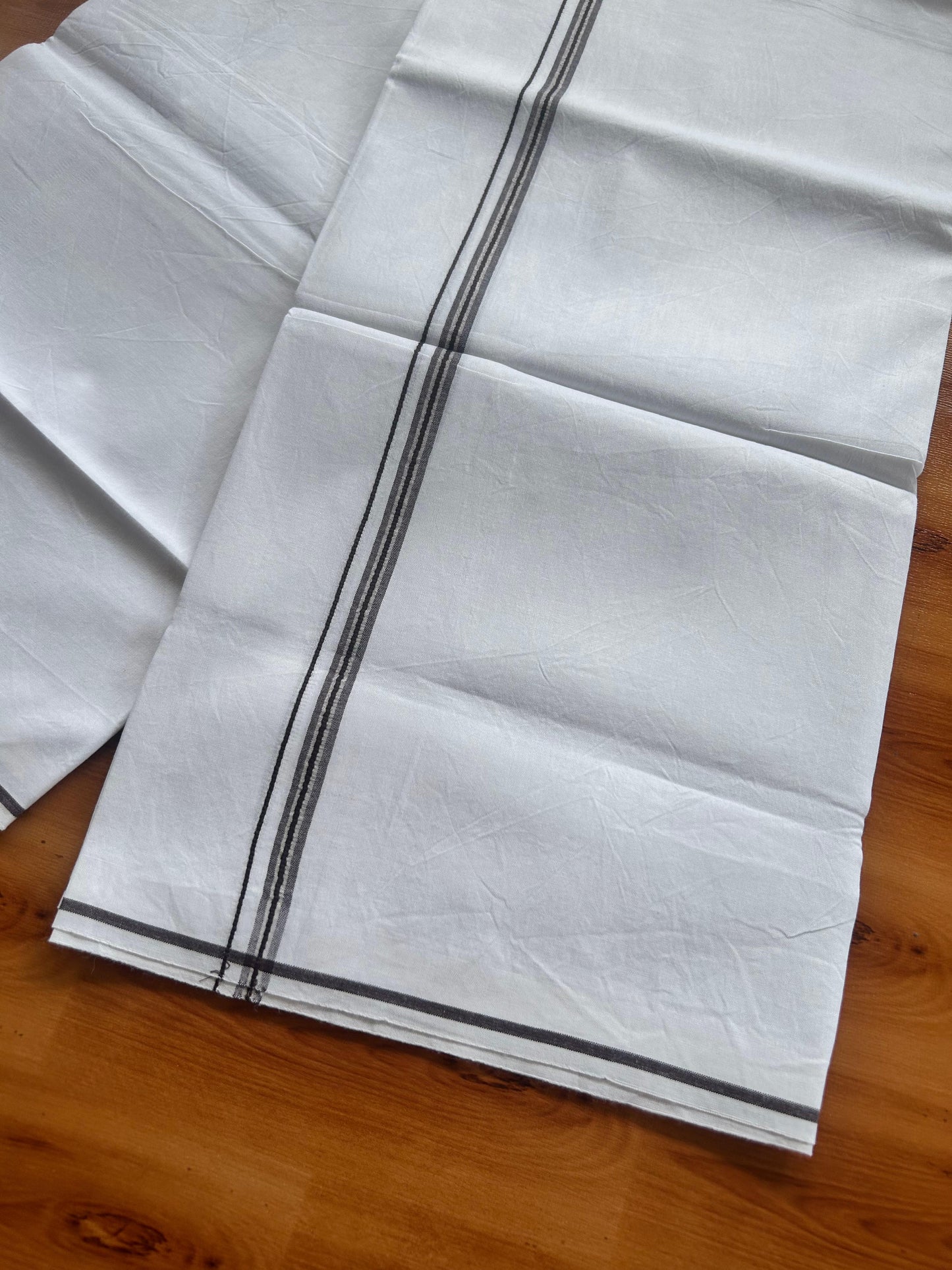 Single Mundu/Dhoti  - Pure White - KaithariKada Balaramapuram 100% Cotton - Twisted 60s Thread - 1 cm  Silver Kasav & Dark Brown Shaded Striped Kara (2 meter / 4 muzham) - 4 KK5495 GL