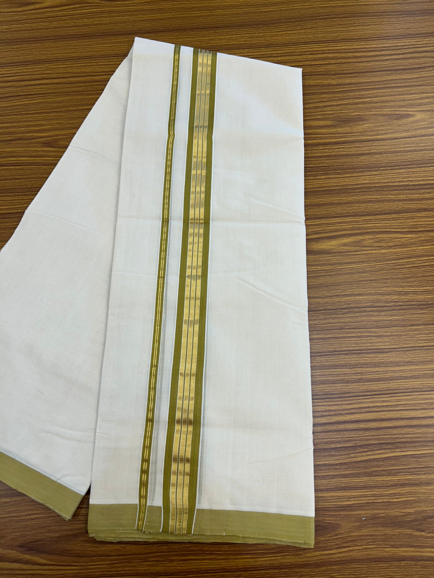 25% Discount ! KaithariKada Handloom Millpaav - Kerala Handloom - 100% Pure Cotton Off White (Unbleached) Double Mundu/Dothi - 80x90 - 1.5 inch Gold Kasav & Olive Brown Striped Kara 4 Mtr (8.5 Muzham) - 23 KK5328 RAM