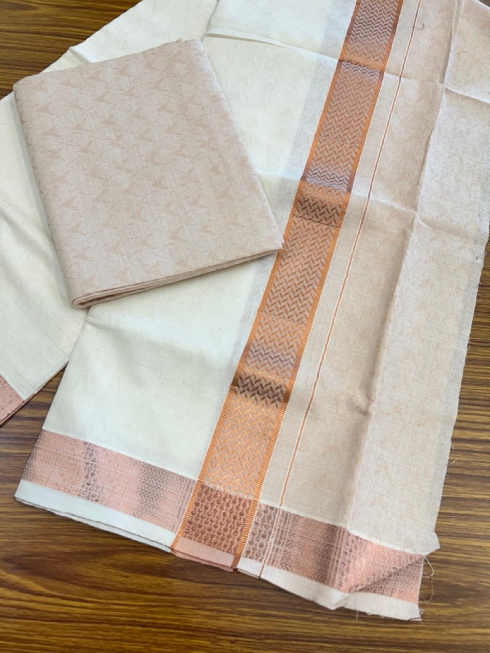 20% DISCOUNT ! KaithariKada Balaramapuram 100% Cotton - (60)s - Single Off white Mundu/Dhoti & Shirt Material Combo - 2 inch Copper Kasavu jacquard Kara with Sand Brown shaded shirt material   - 13 KK7009 THI