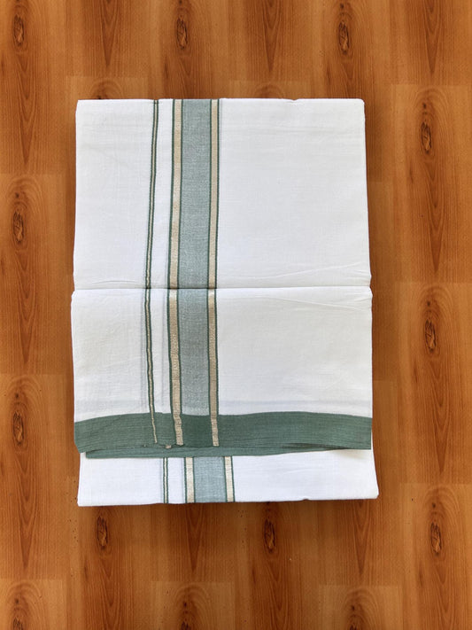 Double Pure White Mundu/Dhoti - 20% Discount !! KaithariKada Balaramapuram 100% Cotton - 60s - 1.5 Inch Dark Sage Green Shaded Silver Kasav Striped Kara - 3.85 mtr ( 8 muzham) - 19 KK5425 PMC