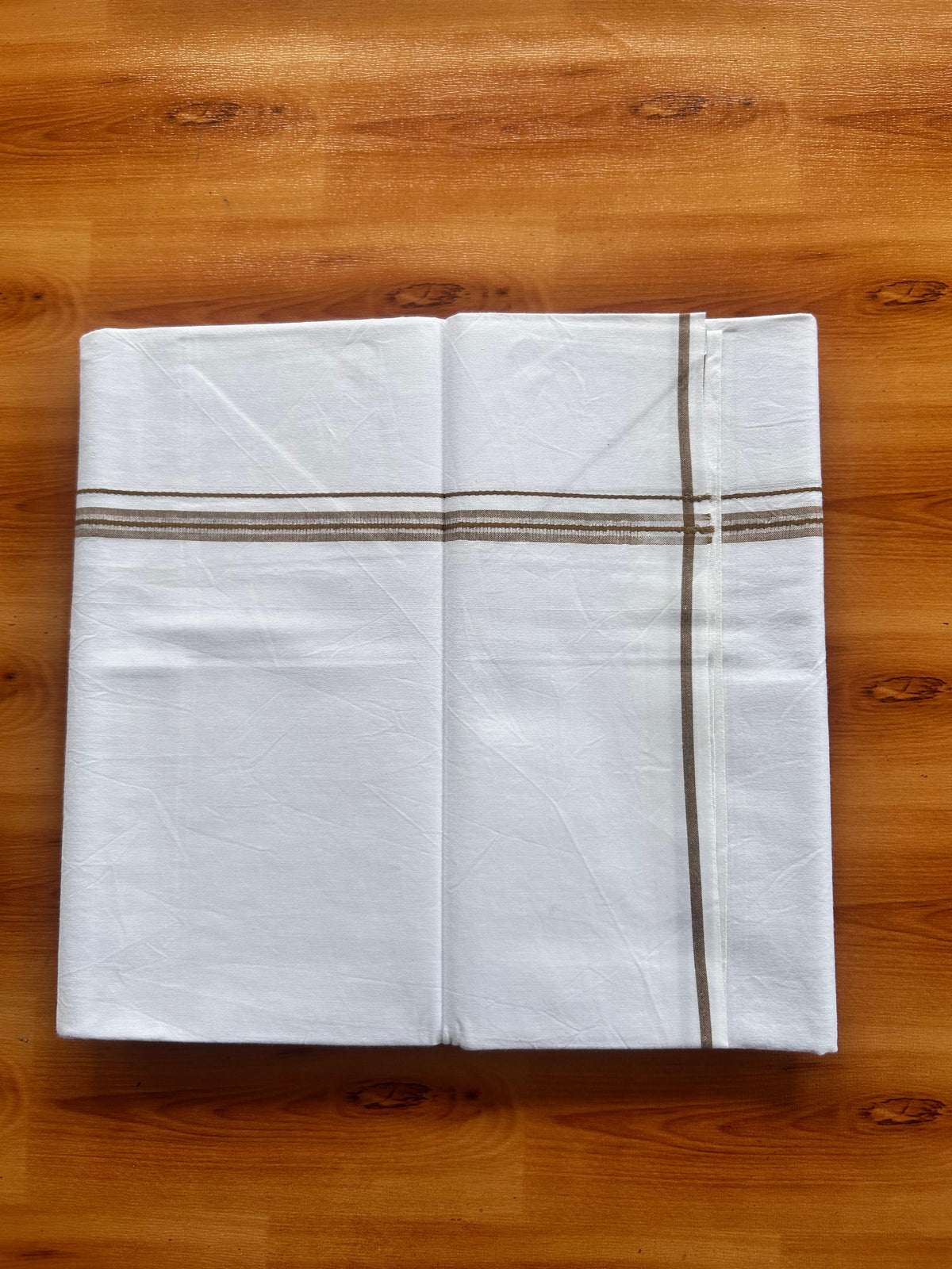 Single Mundu/Dhoti  - Pure White - KaithariKada Balaramapuram 100% Cotton - Twisted 60s Thread - 1 cm  Silver Kasav & Walnut Brown Shaded Striped Kara (2 meter / 4 muzham) - 5 KK5495 GL
