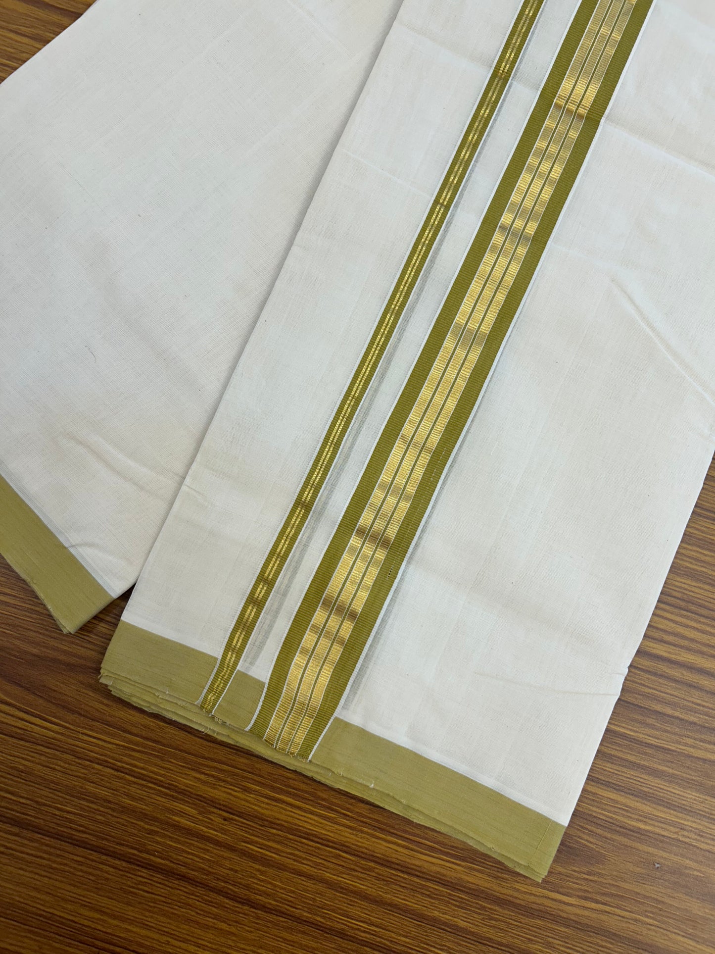 25% Discount ! KaithariKada Handloom Millpaav - Kerala Handloom - 100% Pure Cotton Off White (Unbleached) Double Mundu/Dothi - 80x90 - 1.5 inch Gold Kasav & Olive Brown Striped Kara 4 Mtr (8.5 Muzham) - 23 KK5328 RAM