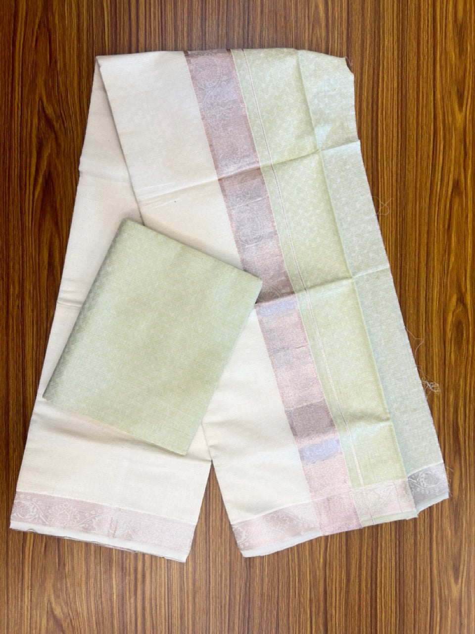 20% DISCOUNT ! KaithariKada Balaramapuram 100% Cotton - (60)s - Single Off white Mundu/Dhoti & Shirt Material Combo - 2 inch Copper Silver Kasavu jacquard Kara with Pista Green shaded shirt material   - 14 KK7009 THI