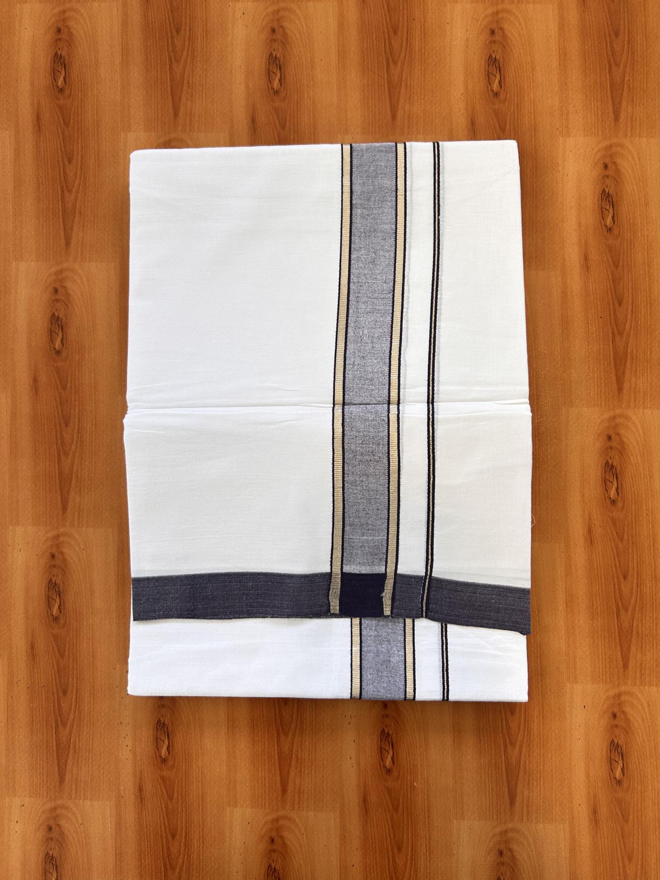 Double Pure White Mundu/Dhoti - 20% Discount !! KaithariKada Balaramapuram 100% Cotton - 60s - 1.5 Inch Navy Blue Shaded Silver Kasav Striped Kara - 3.85 mtr ( 8 muzham) - 20 KK5425 PMC