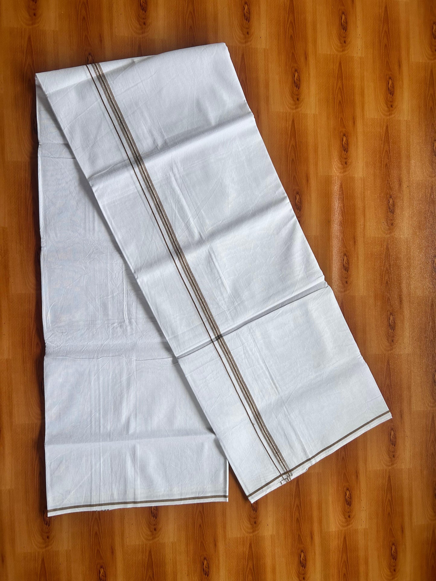 Single Mundu/Dhoti  - Pure White - KaithariKada Balaramapuram 100% Cotton - Twisted 60s Thread - 1 cm  Silver Kasav & Walnut Brown Shaded Striped Kara (2 meter / 4 muzham) - 5 KK5495 GL