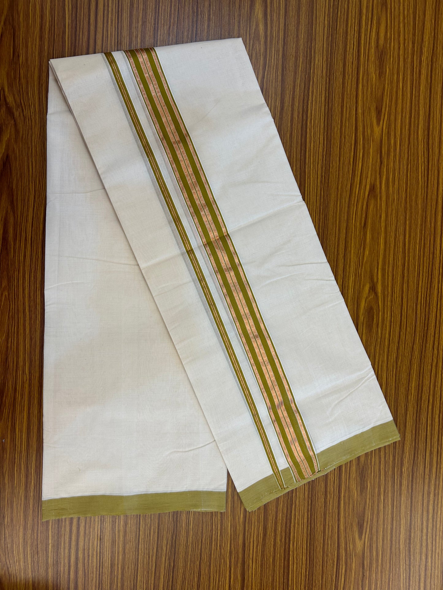 25% Discount ! KaithariKada Handloom Millpaav - Kerala Handloom - 100% Pure Cotton Off White (Unbleached) Double Mundu/Dothi - 80x90 - 1.5 inch Gold Kasav & Olive Brown Striped Kara 4 Mtr (8.5 Muzham) - 24 KK5328 RAM