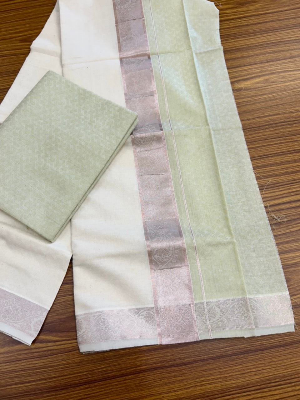 20% DISCOUNT ! KaithariKada Balaramapuram 100% Cotton - (60)s - Single Off white Mundu/Dhoti & Shirt Material Combo - 2 inch Copper Silver Kasavu jacquard Kara with Pista Green shaded shirt material   - 14 KK7009 THI