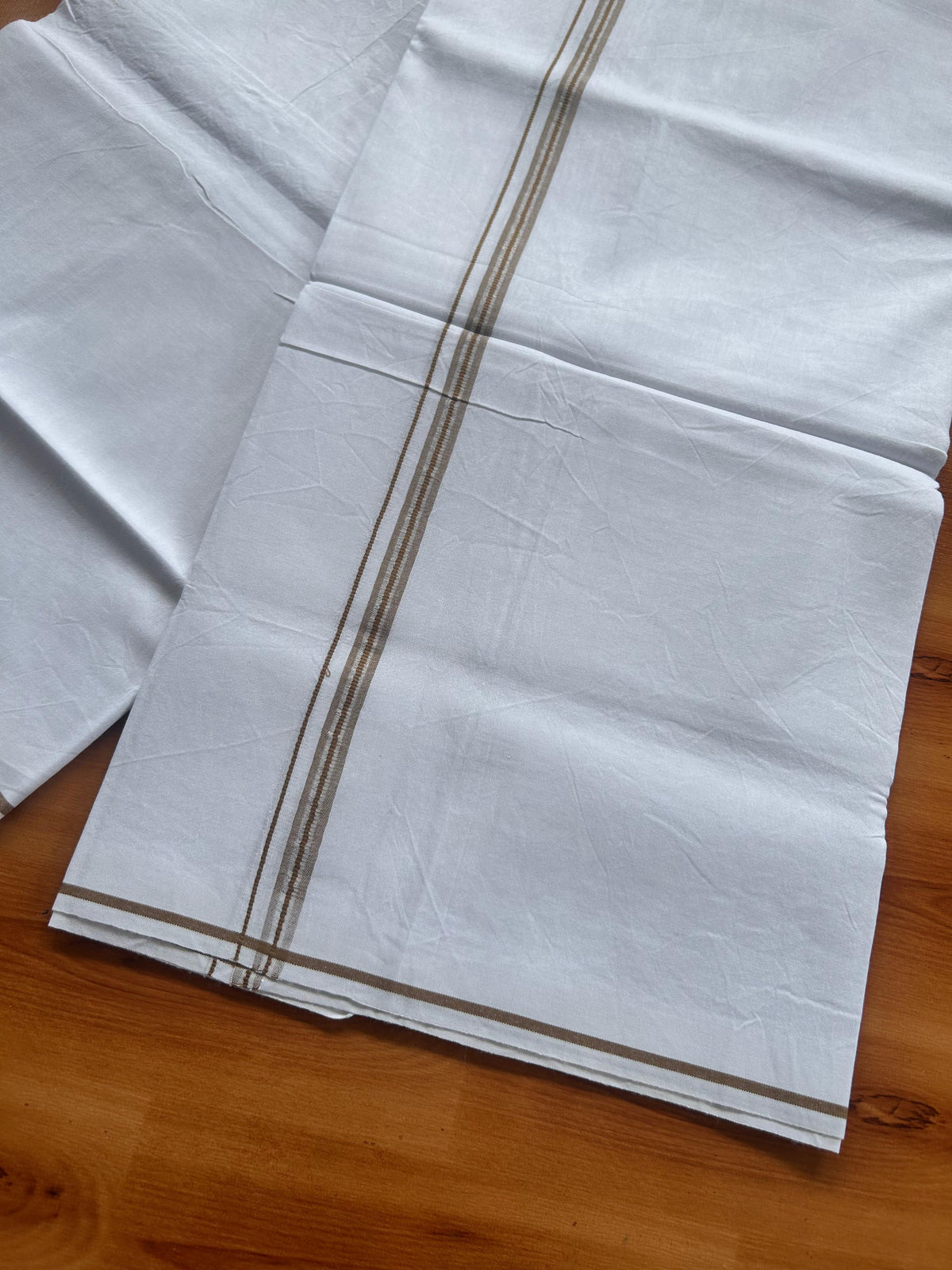 Single Mundu/Dhoti  - Pure White - KaithariKada Balaramapuram 100% Cotton - Twisted 60s Thread - 1 cm  Silver Kasav & Walnut Brown Shaded Striped Kara (2 meter / 4 muzham) - 5 KK5495 GL