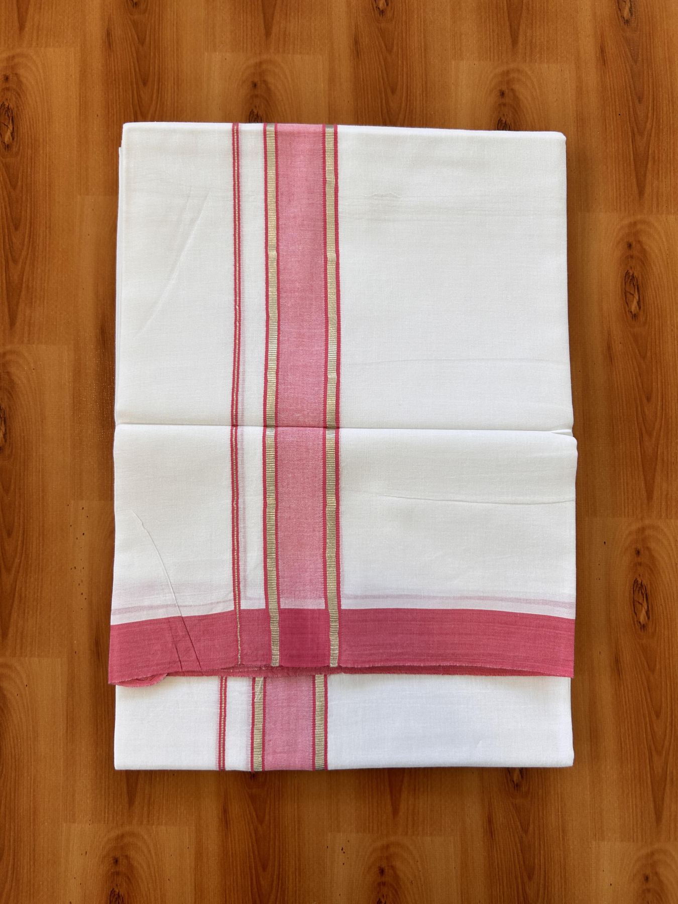 Double Pure White Mundu/Dhoti - 20% Discount !! KaithariKada Balaramapuram 100% Cotton - 60s - 1.5 Inch Dark Pink Shaded Silver Kasav Striped Kara - 3.85 mtr ( 8 muzham) - 21 KK5425 PMC